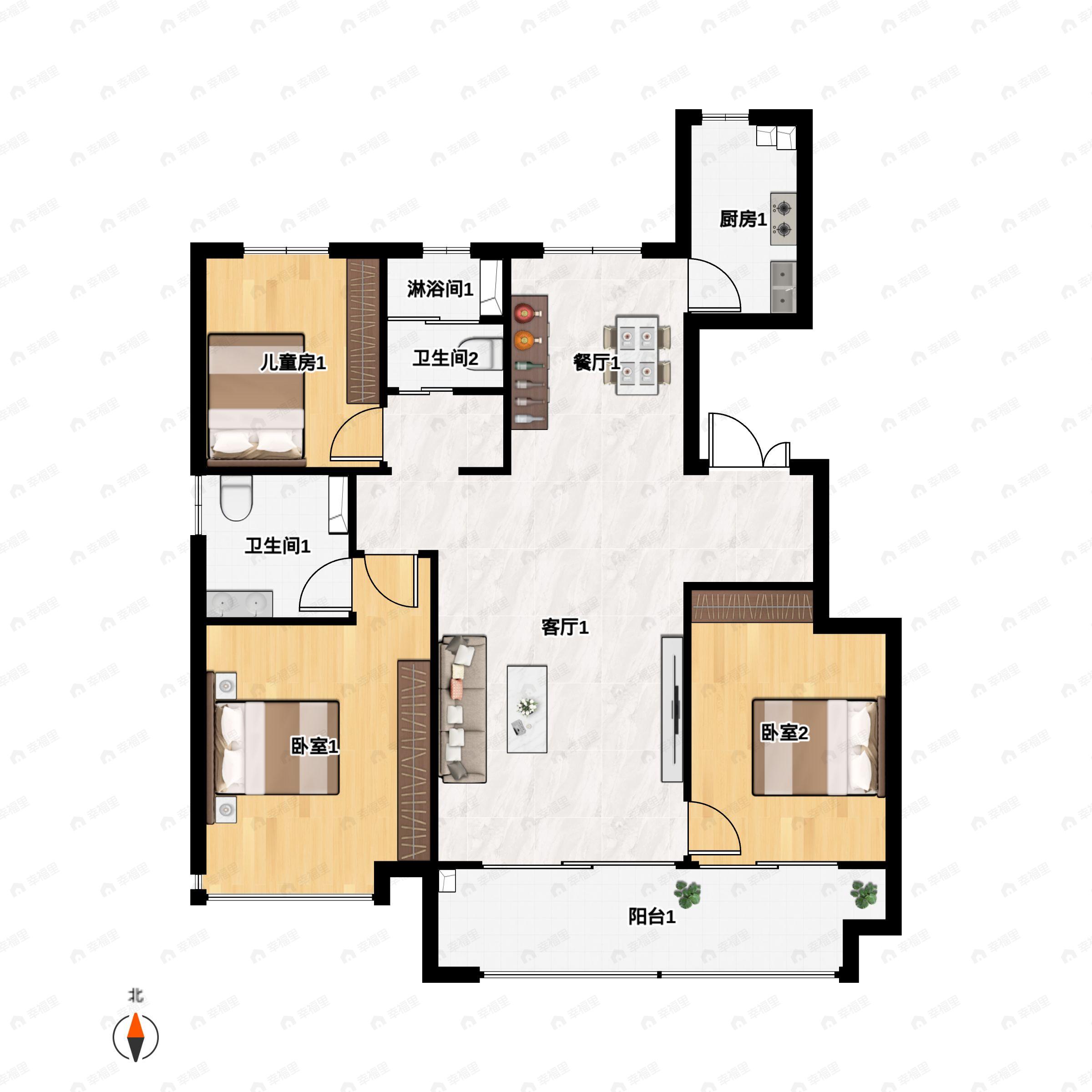 2室2厅1卫建面117平户型图