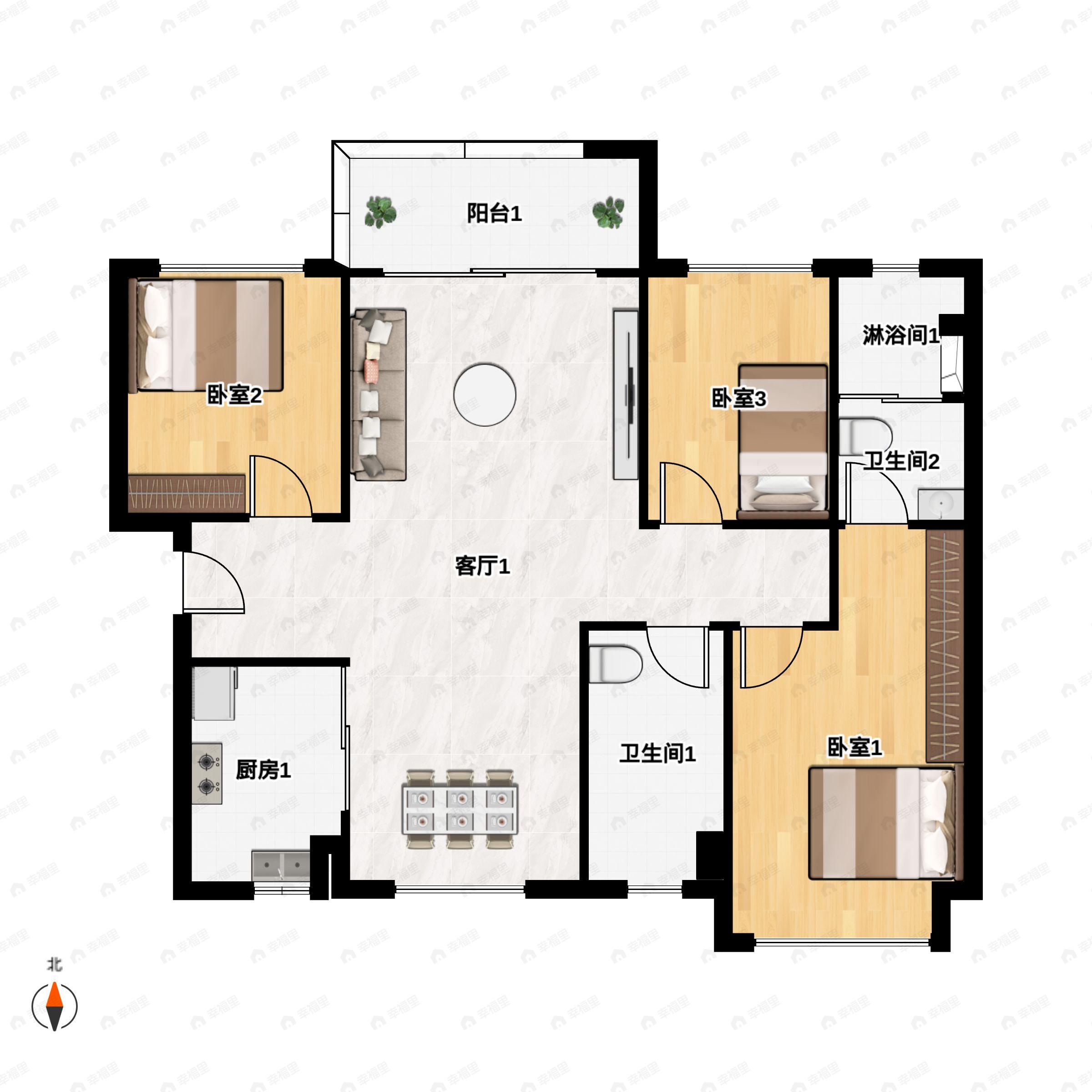 3室2厅2卫建面89平户型图