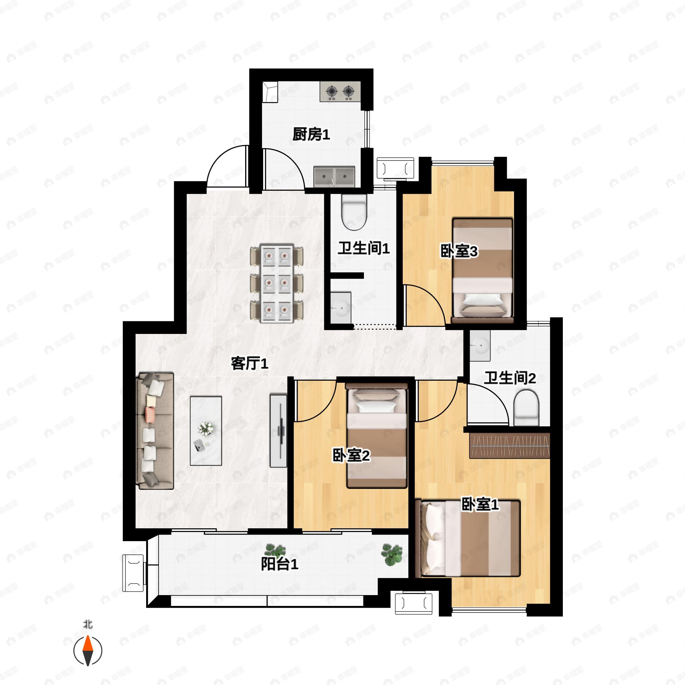 航城丽都3室2厅2卫户型图