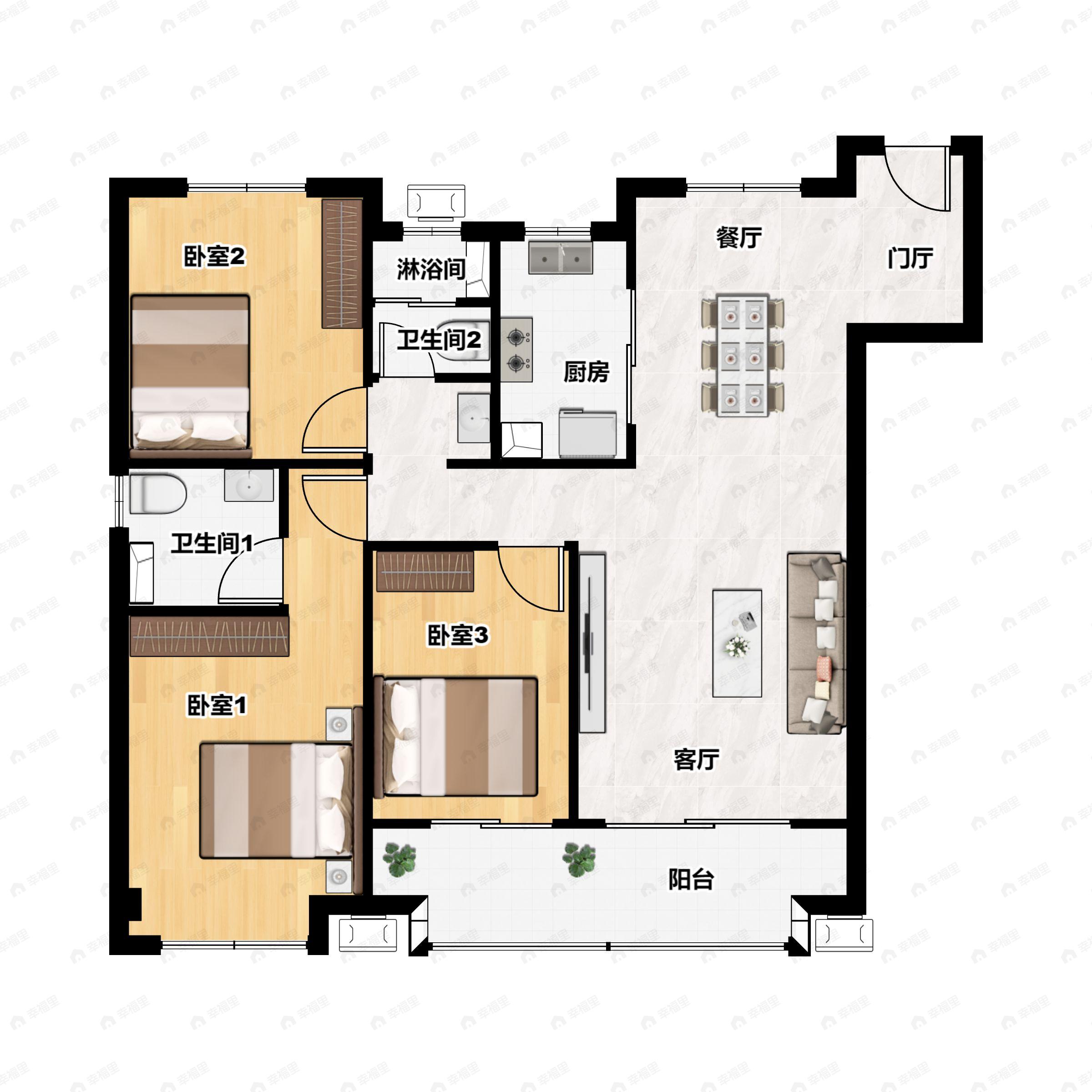 3室2厅2卫建面105平南|北户型图