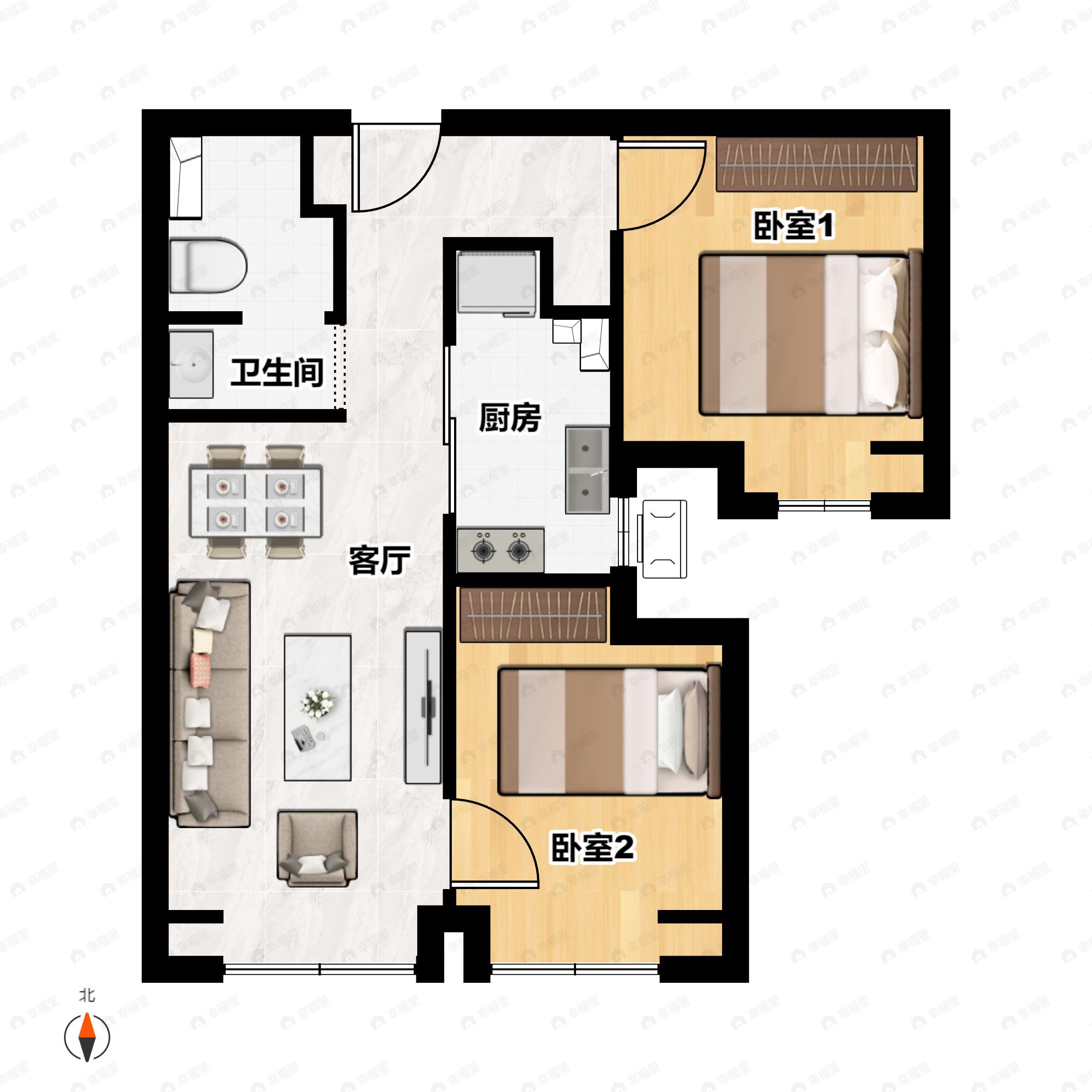 2室2厅1卫建面80平户型图