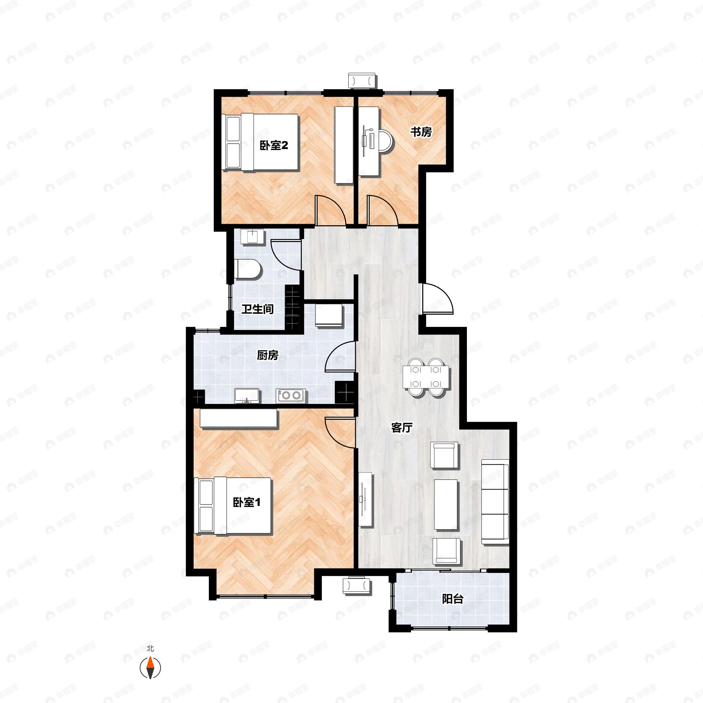 3室2厅1卫建面85m²北|西|南户型图