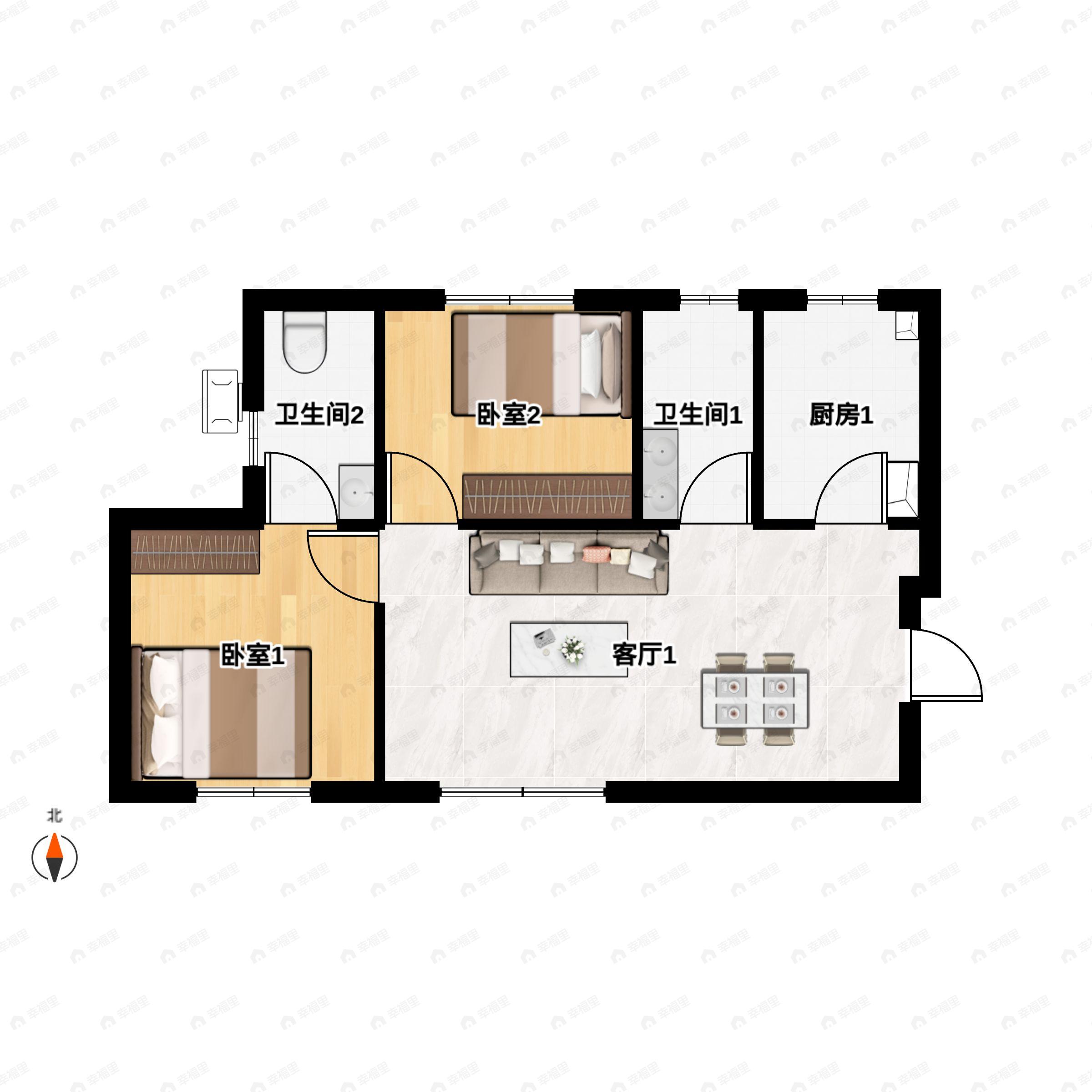 2室2厅2卫建面89m²南|北户型图