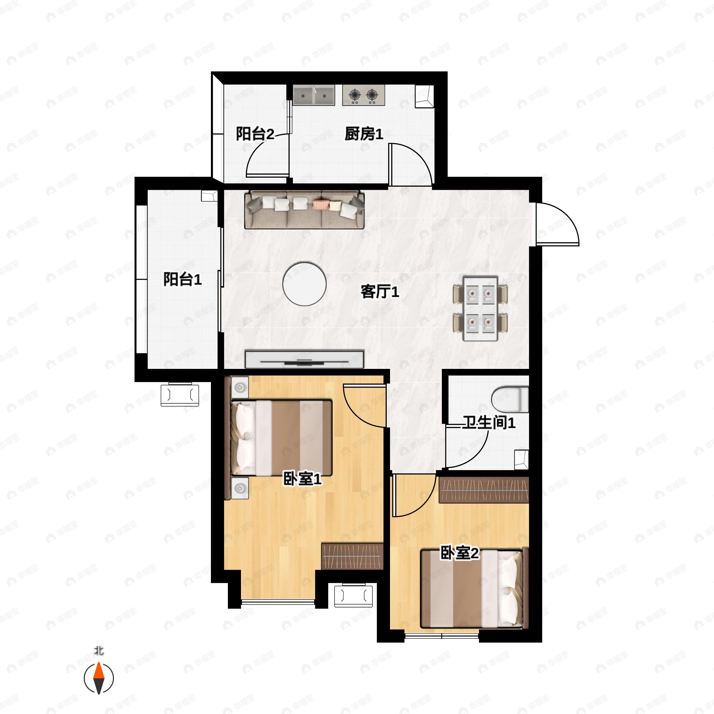 2室2厅1卫建面90m²南|北户型图