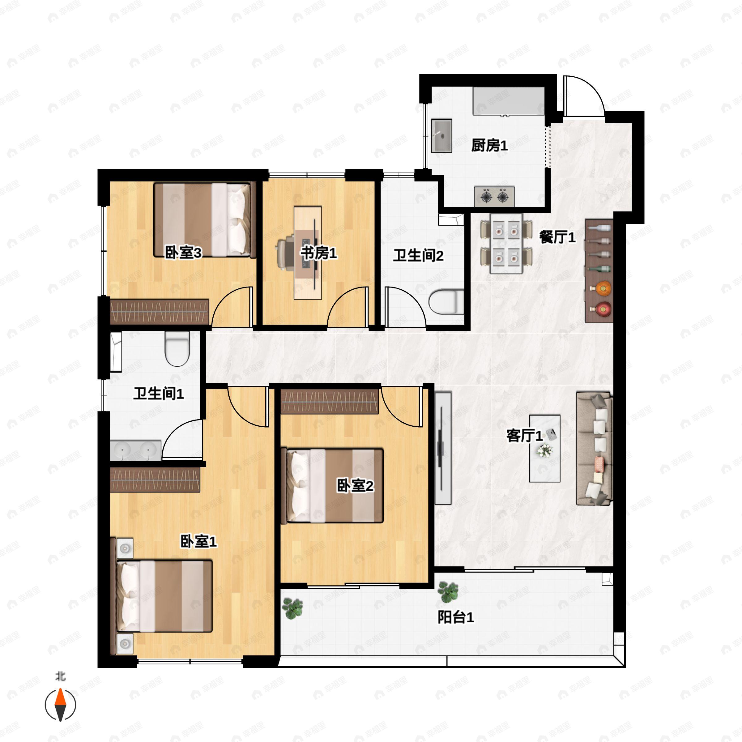 4室2厅2卫建面115平南户型图
