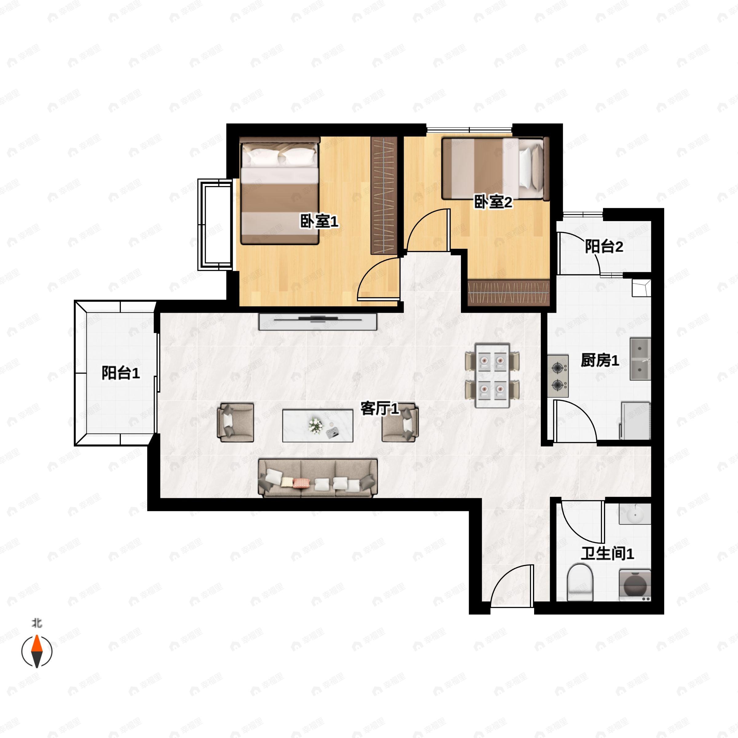 2室2厅1卫建面75平北户型图