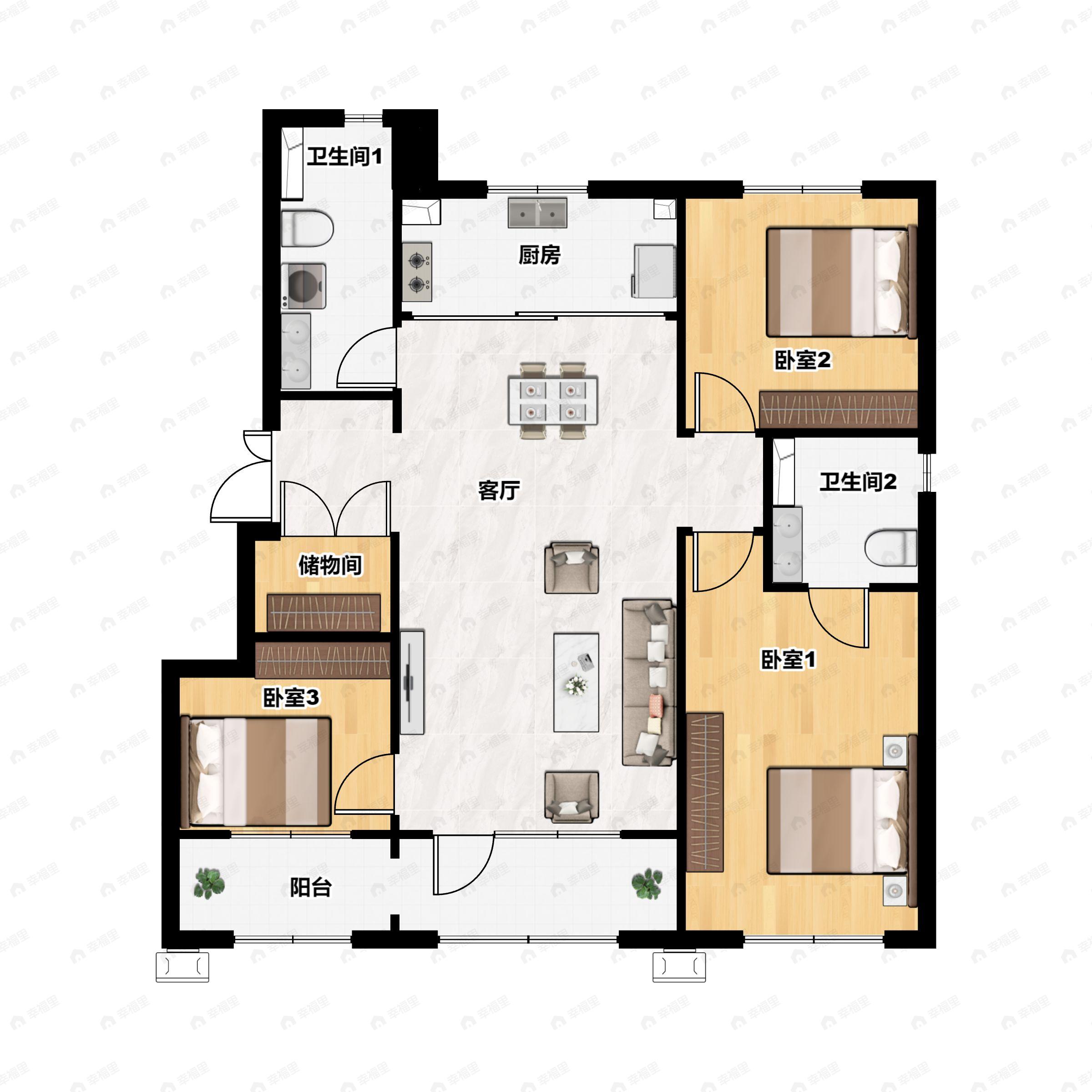 3室2厅2卫建面127m²南|北户型图