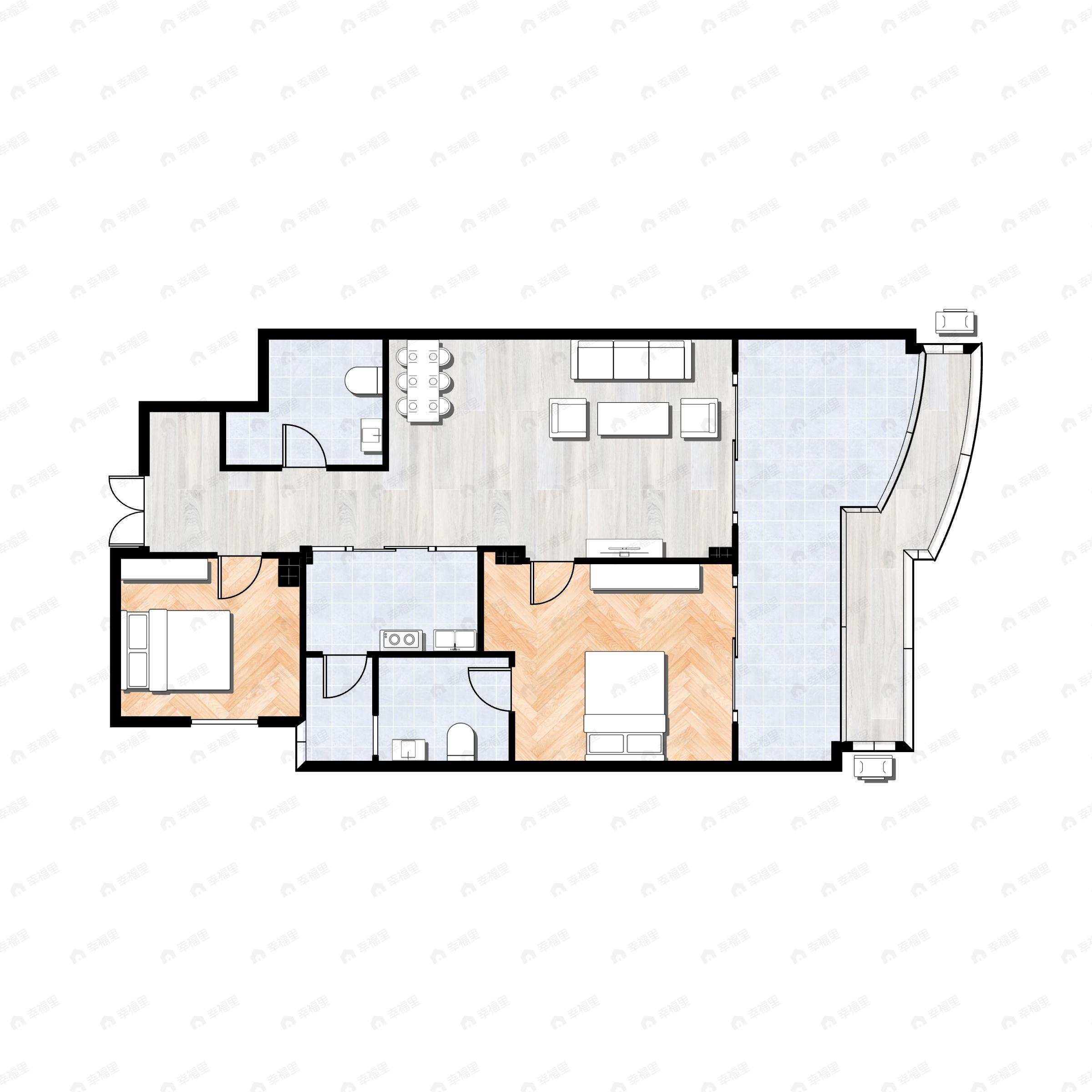 2室2厅2卫建面101平南户型图