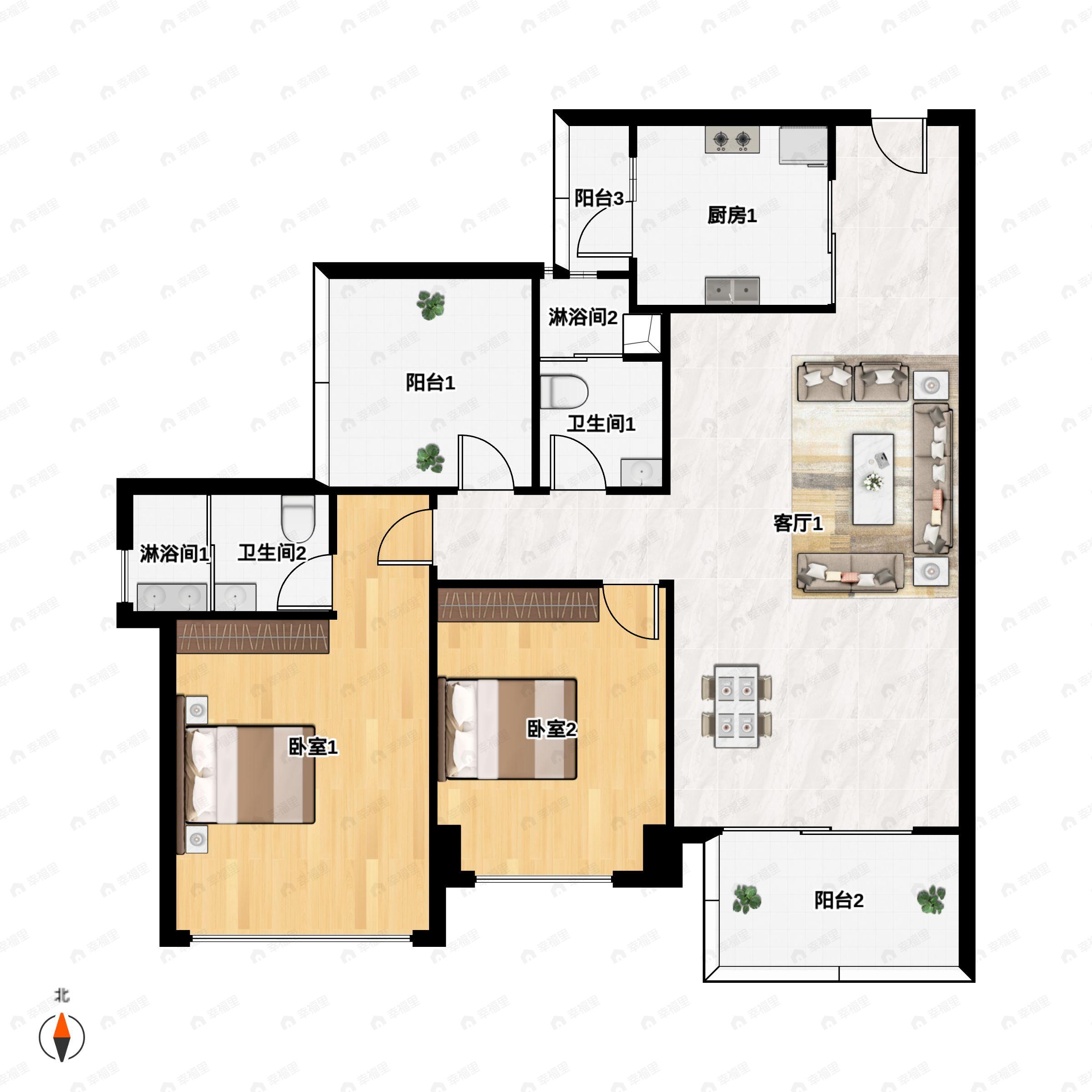 3室2厅2卫建面103平户型图
