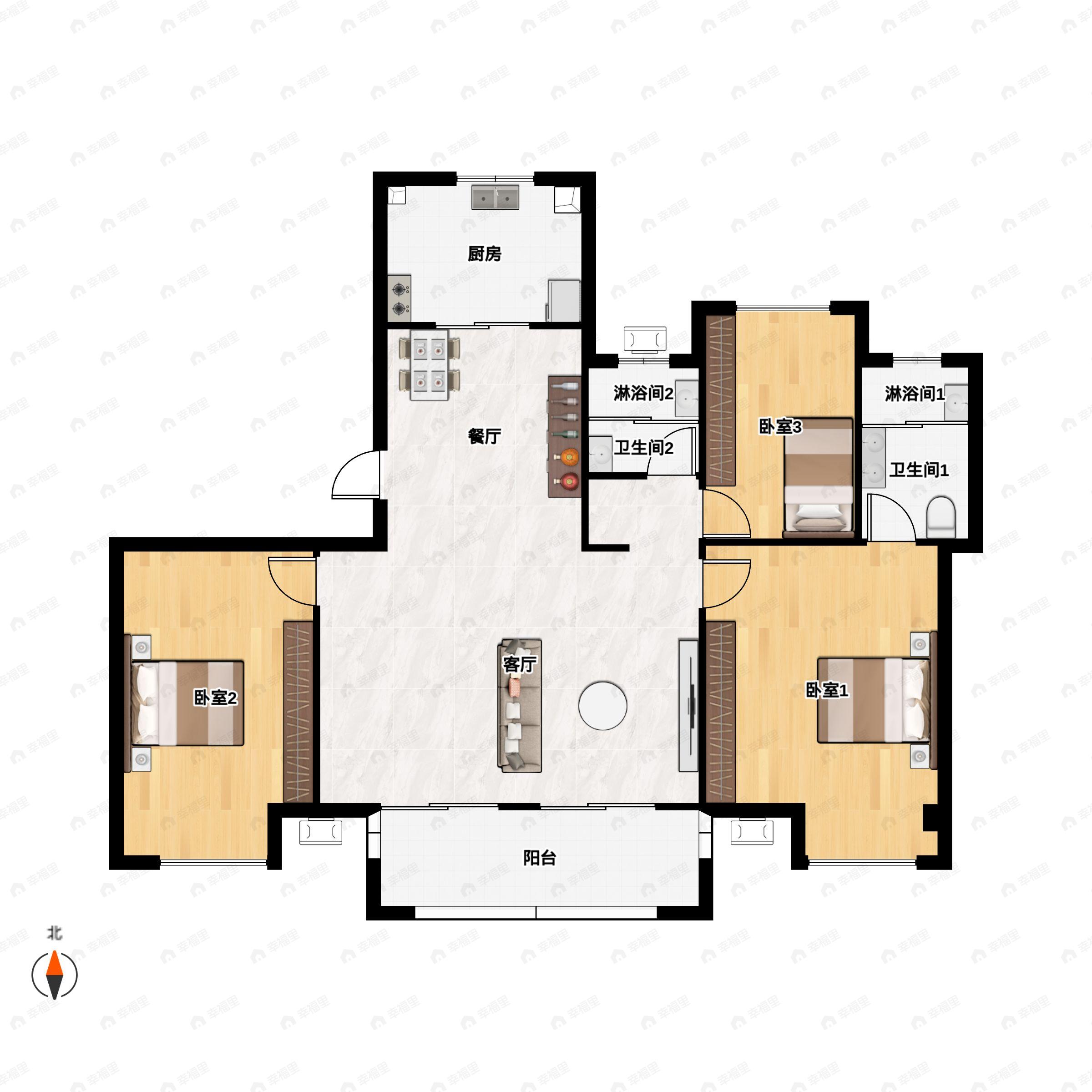 3室2厅2卫建面120m²南户型图