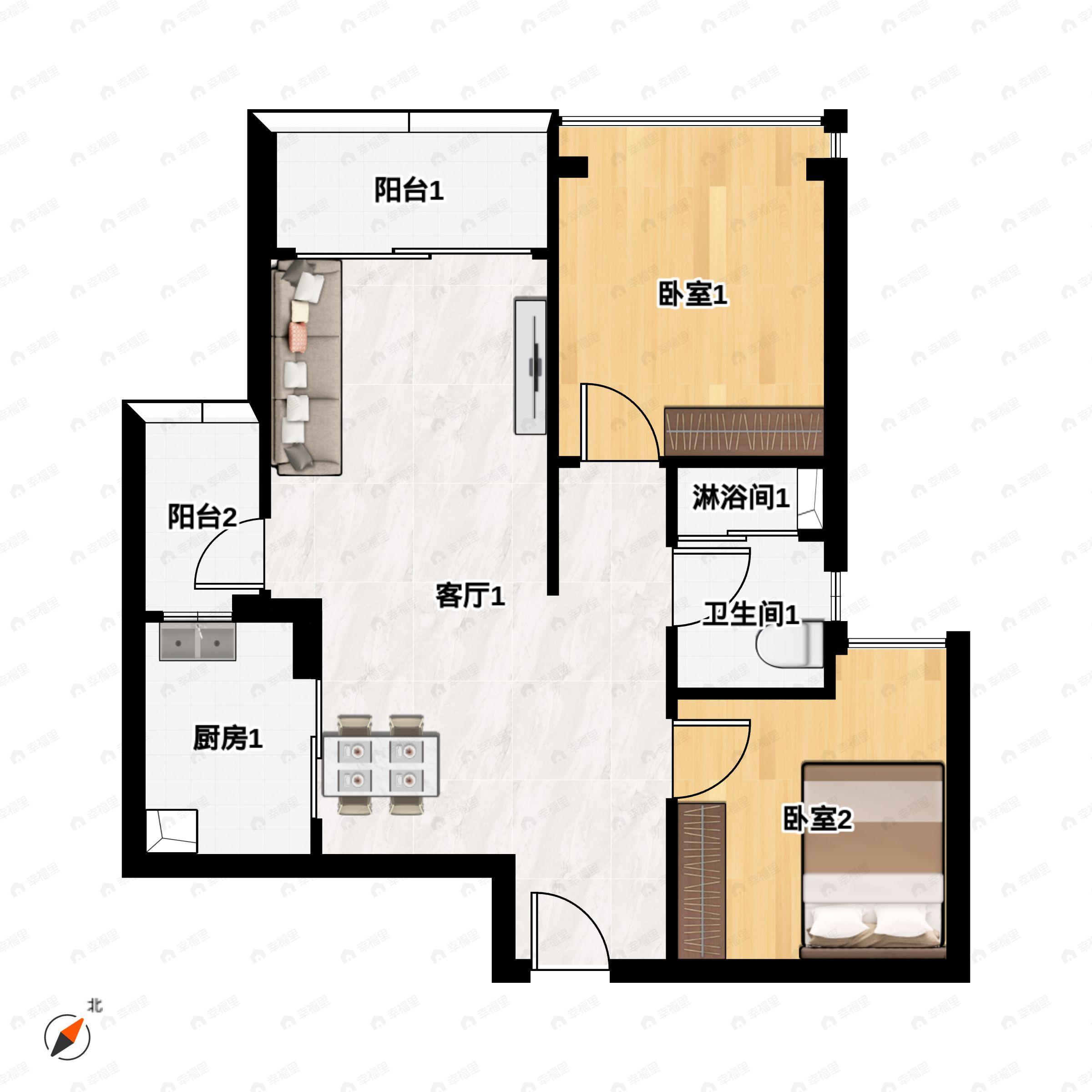 2室2厅1卫建面84平户型图