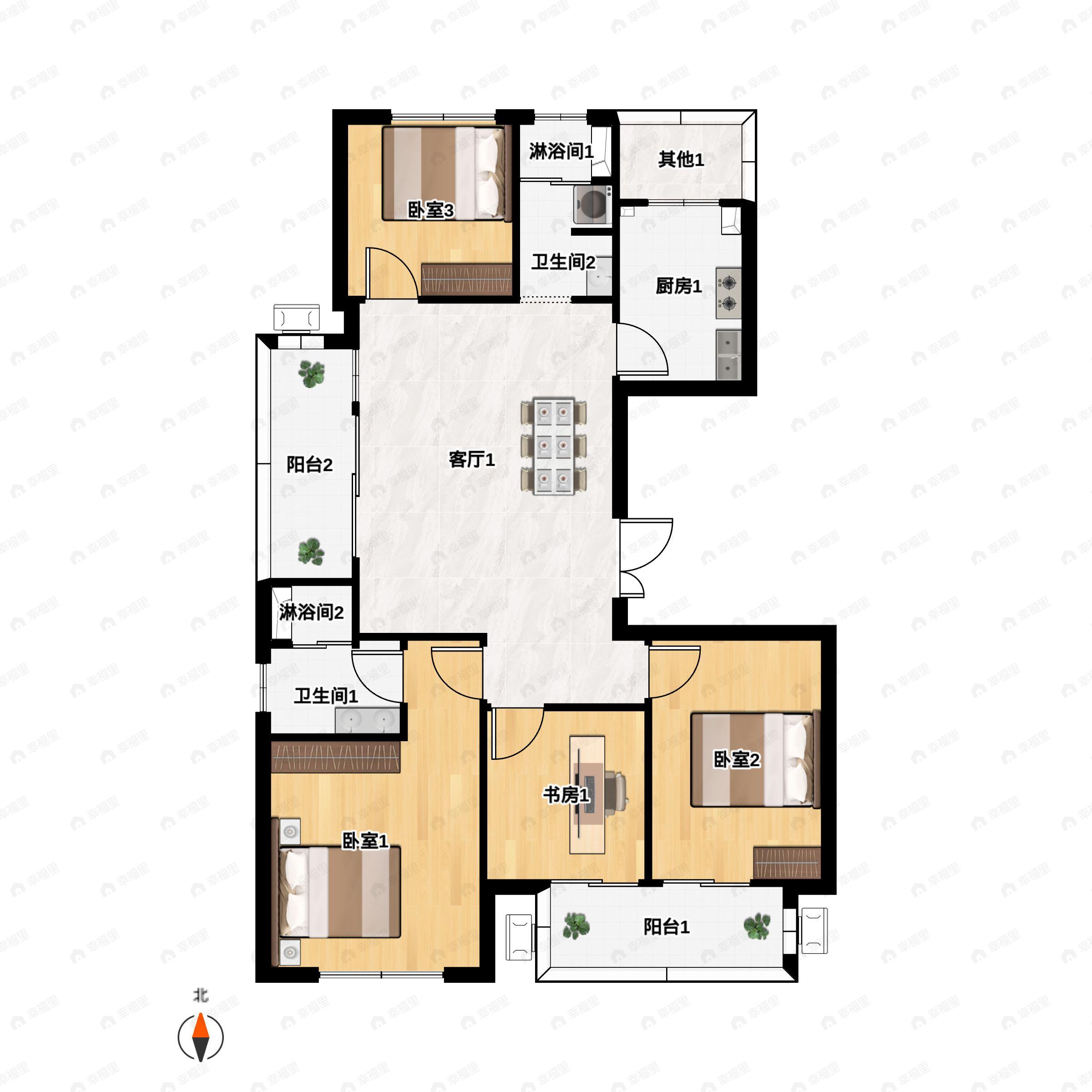 4室2厅2卫建面128平北|南户型图