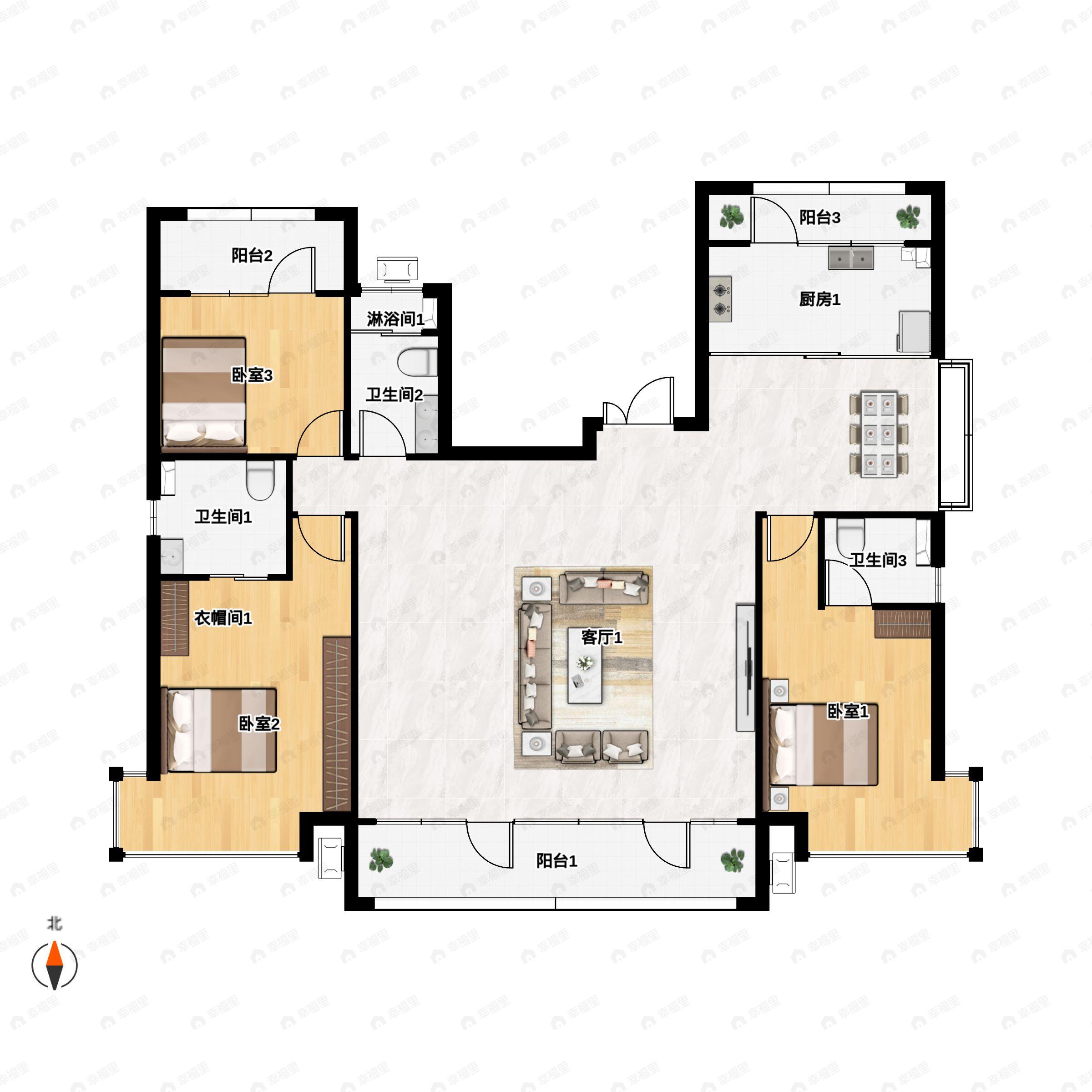 3室2厅3卫建面215平户型图