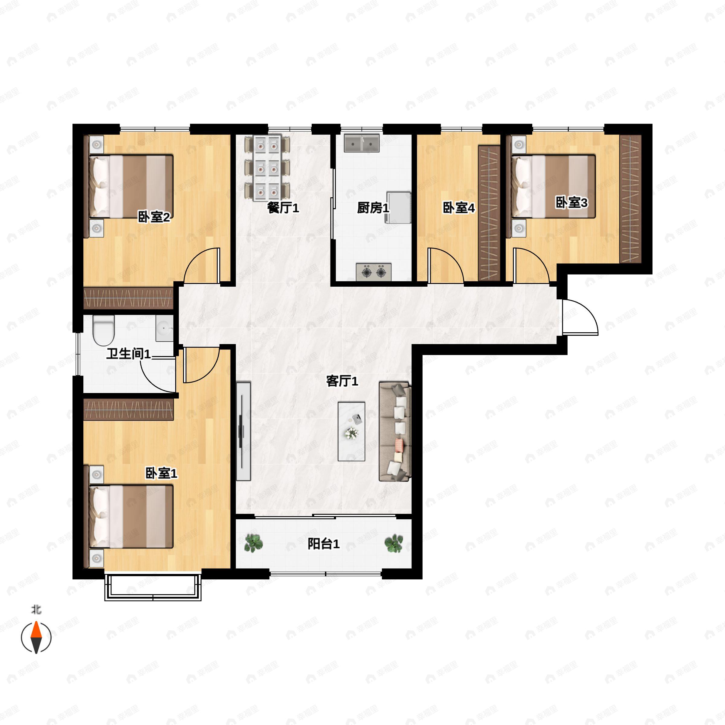 3室2厅2卫建面113平南|北户型图