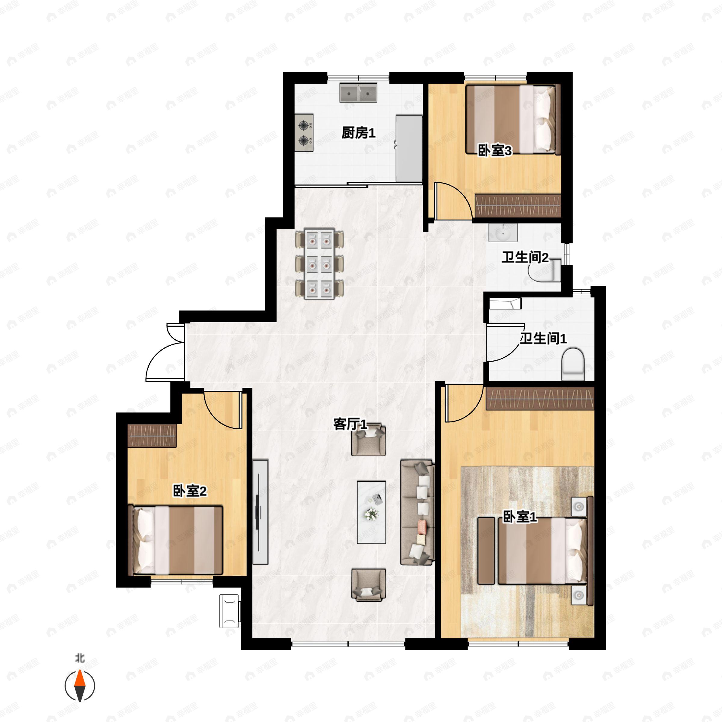 3室2厅2卫建面148平南户型图