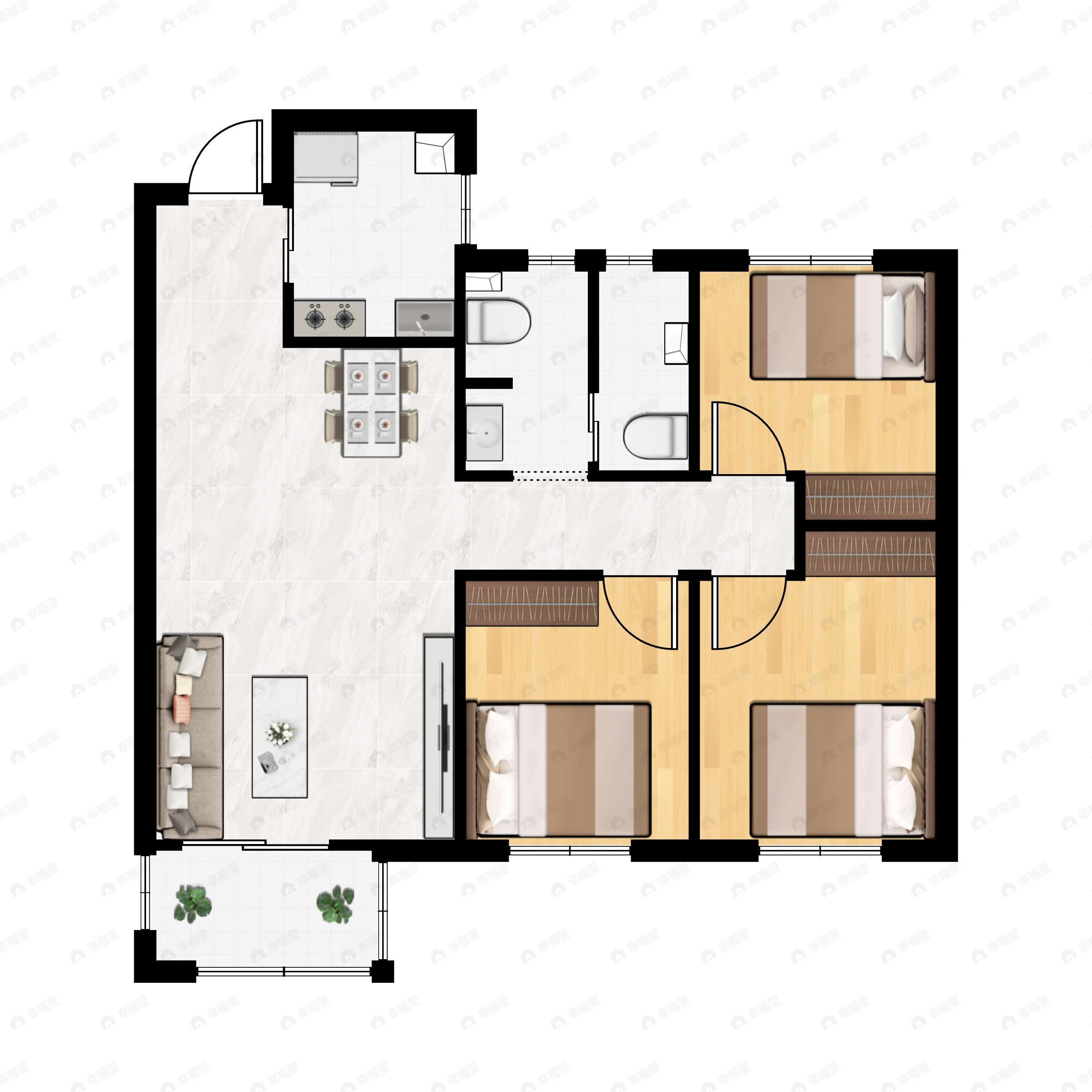 3室2厅2卫建面98m²南户型图