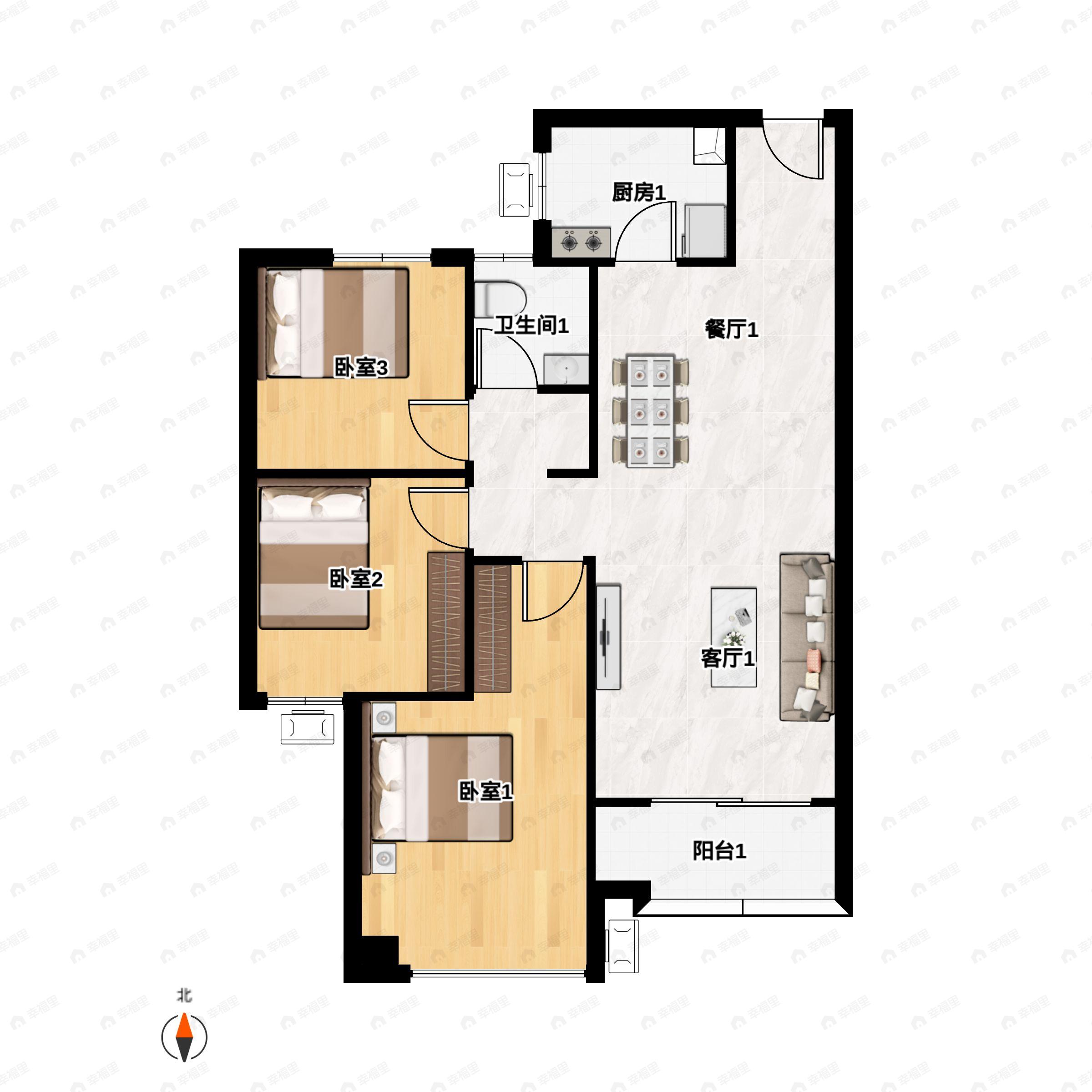 3室2厅1卫建面106平户型图