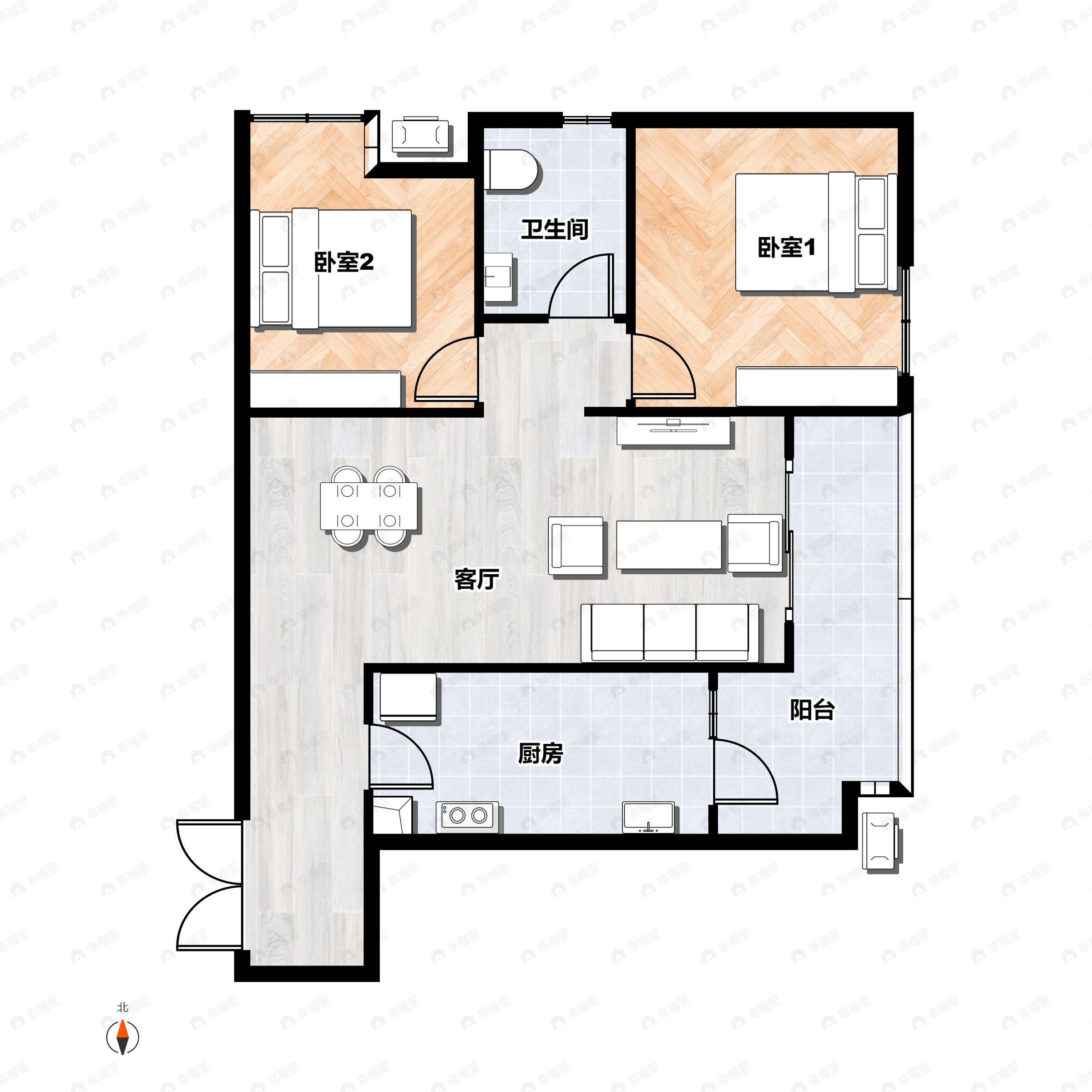 2室2厅1卫建面96平南|北户型图