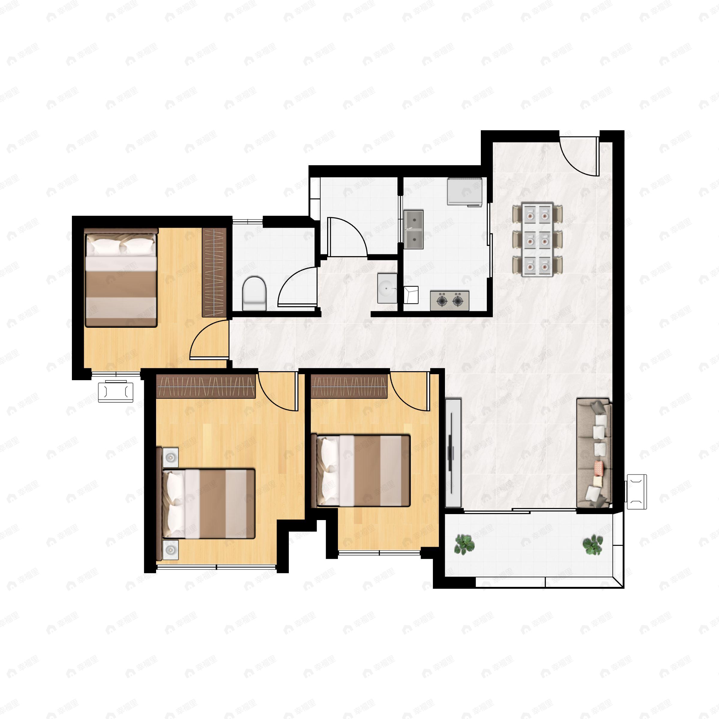 3室2厅1卫建面68平南户型图