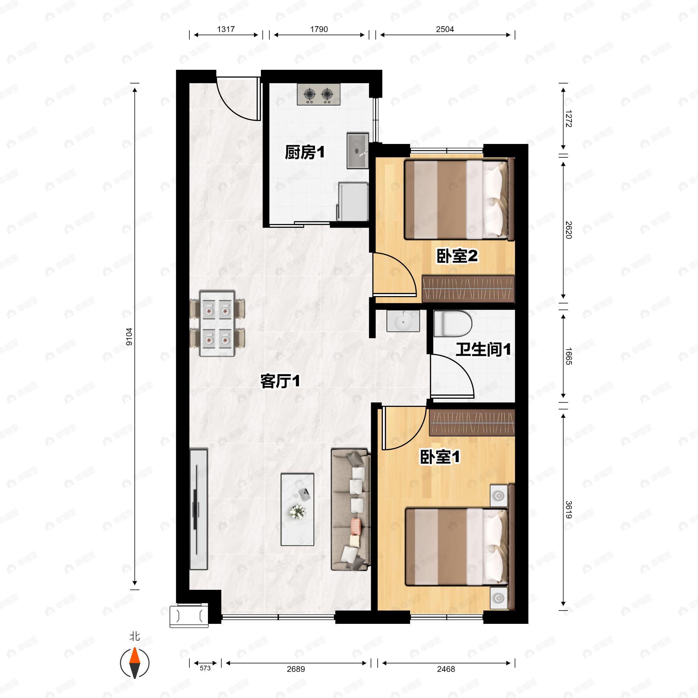 2室2厅1卫建面94m²北|南户型图