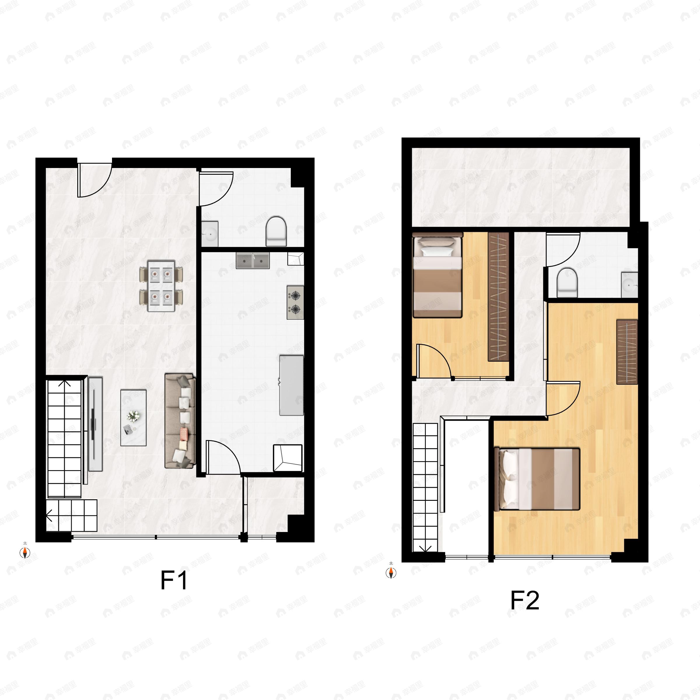 2室2厅2卫建面42平北|南户型图