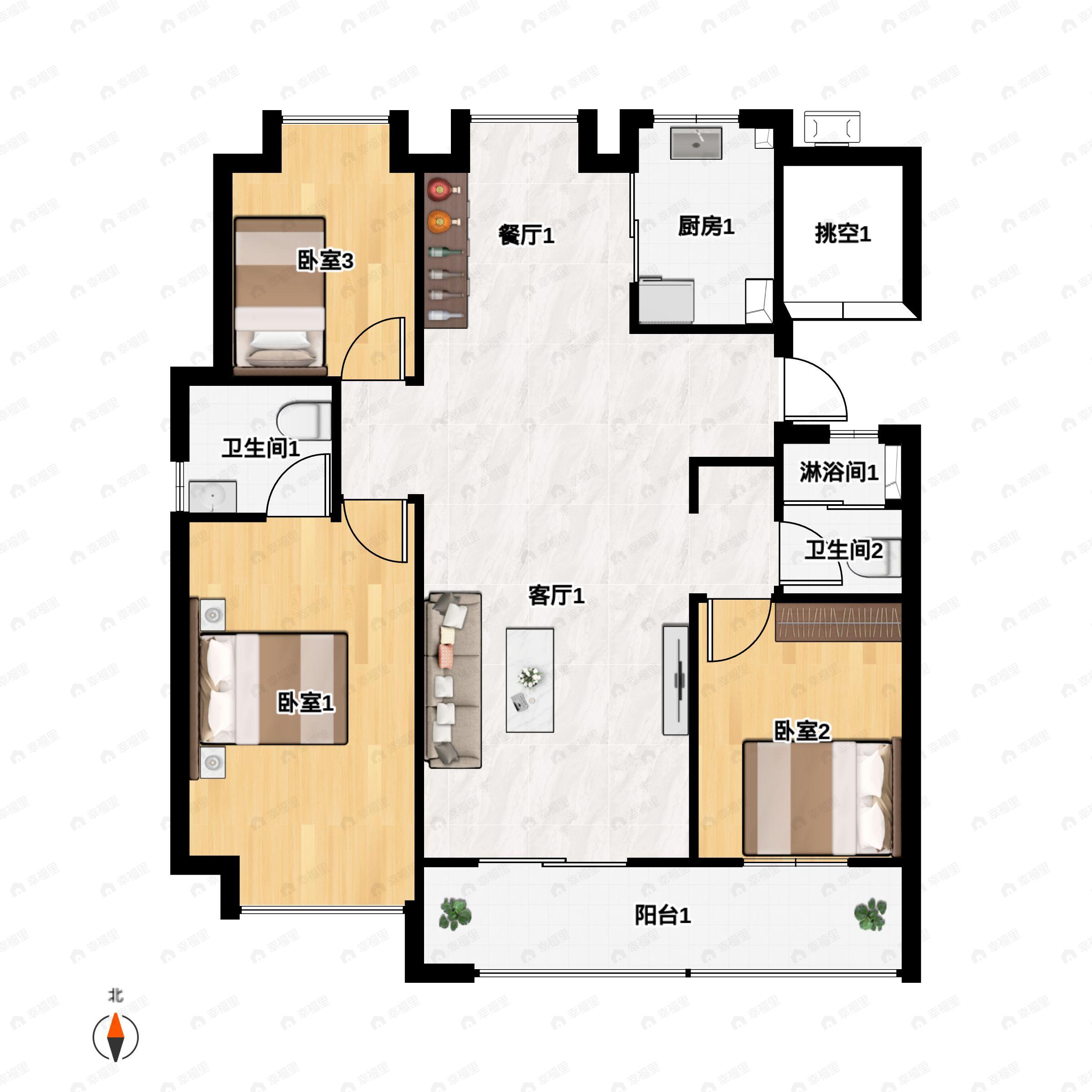 3室2厅2卫建面129平户型图