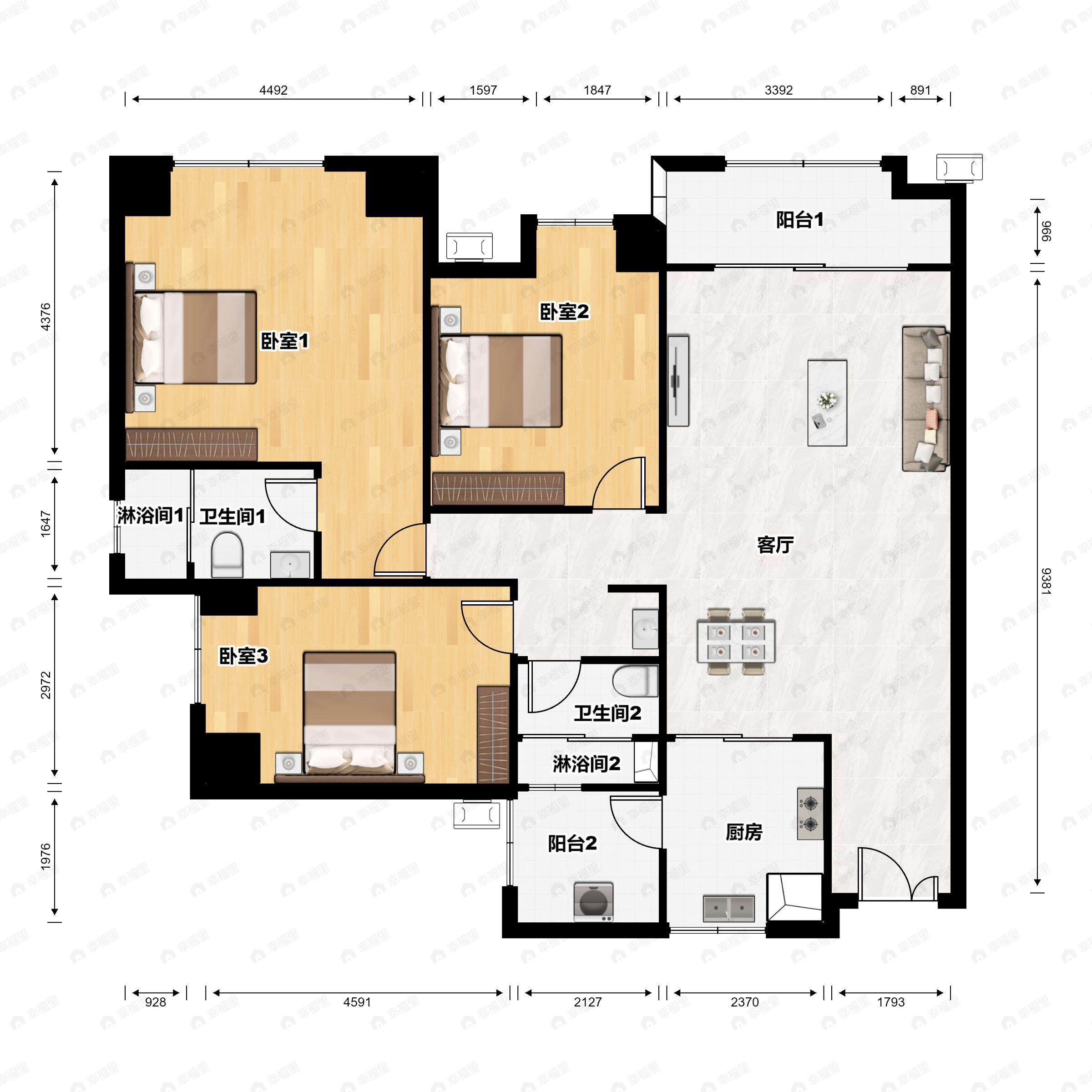 3室2厅2卫建面111平户型图