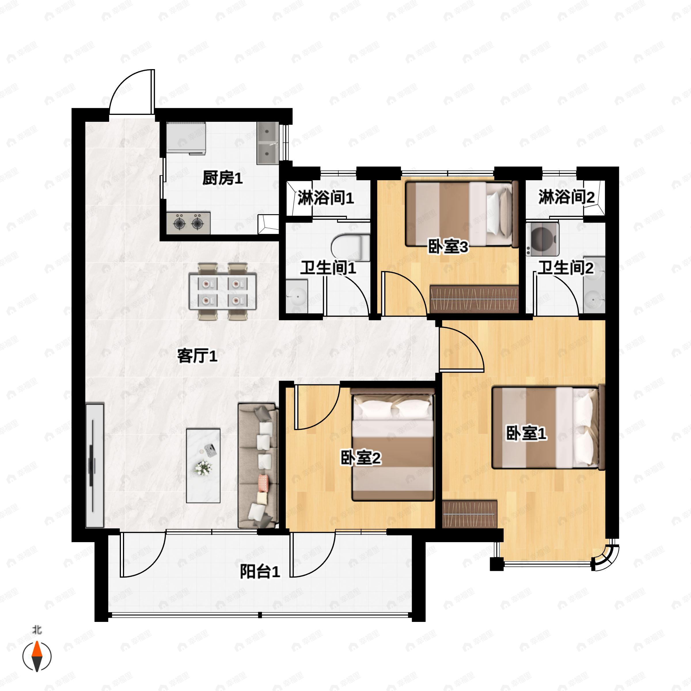 3室2厅2卫建面113平南|北户型图