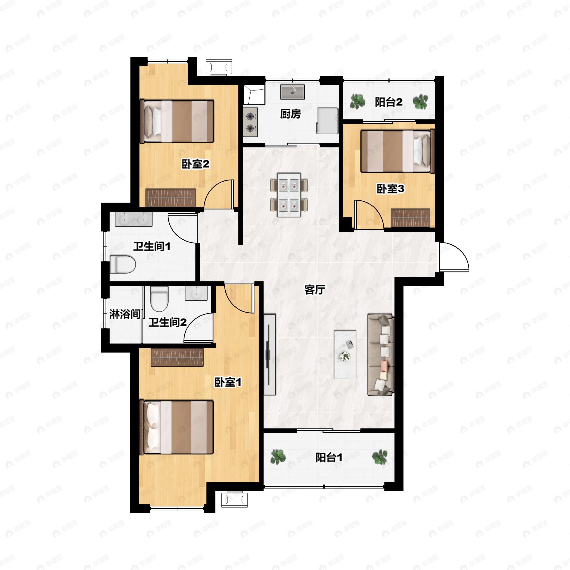 3室2厅2卫建面124平户型图