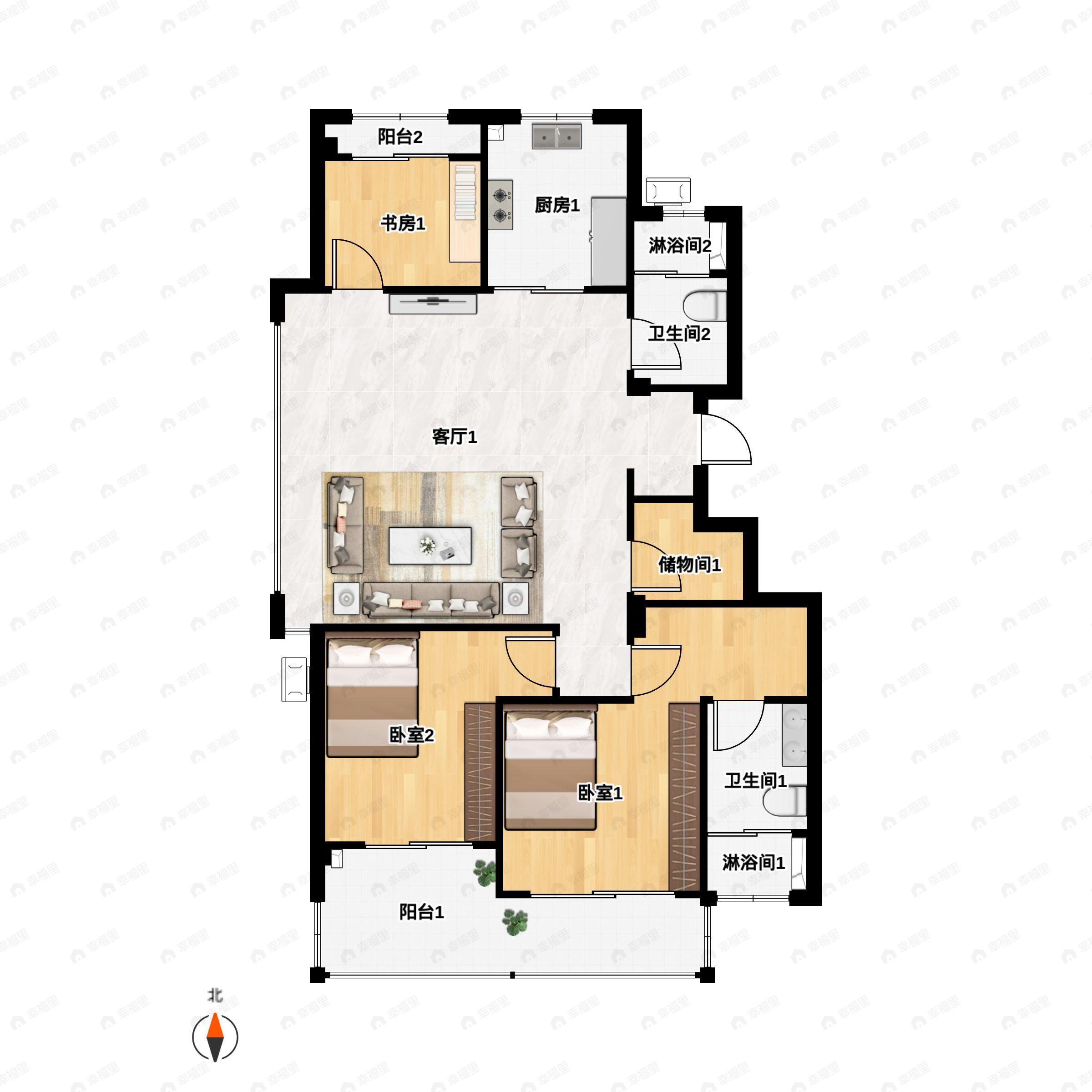 3室2厅2卫建面108m²南户型图