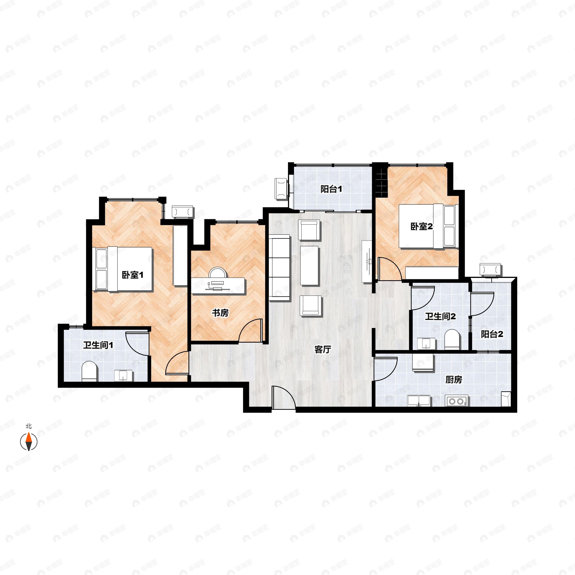 3室2厅2卫建面78平户型图