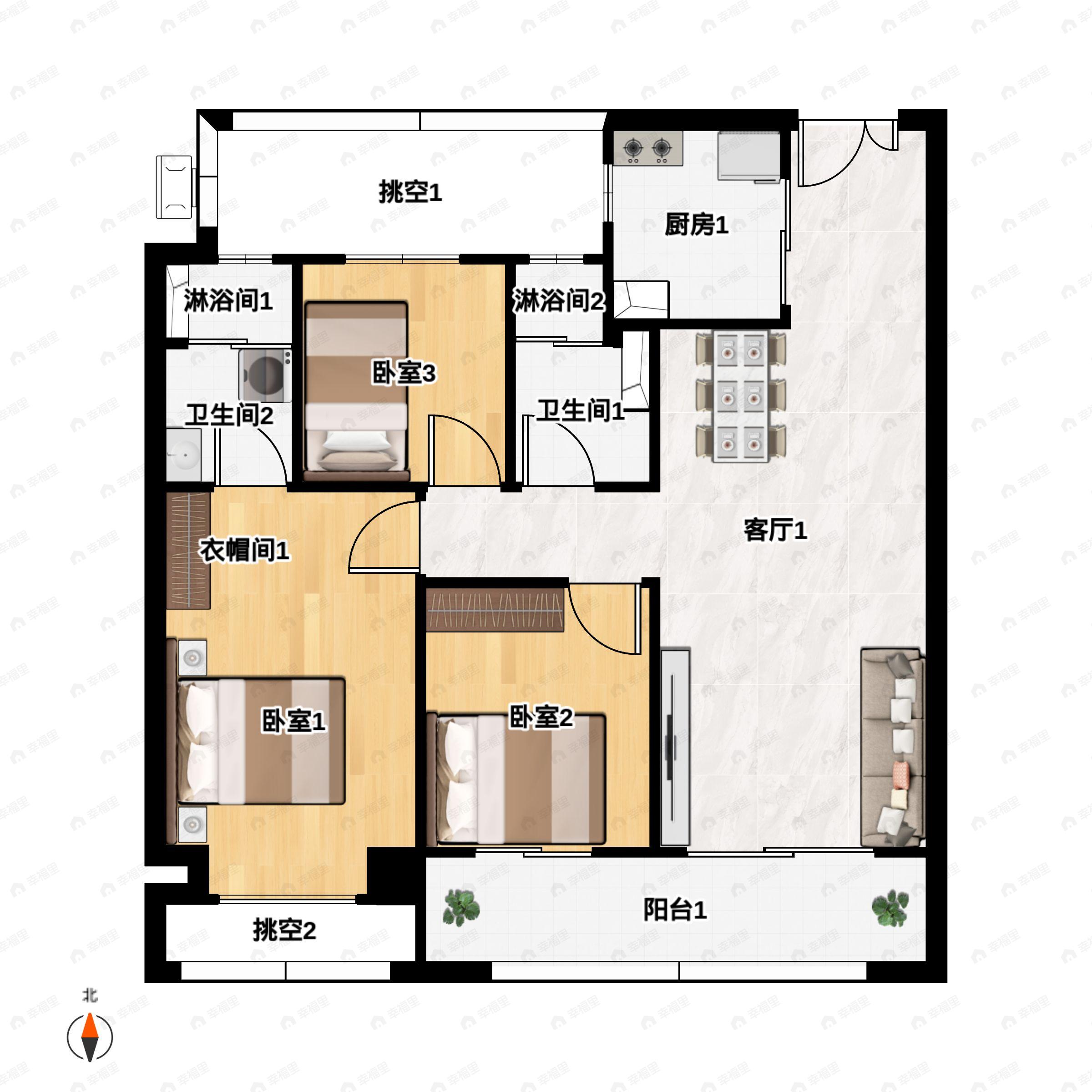 3室2厅2卫建面118m²南|北户型图