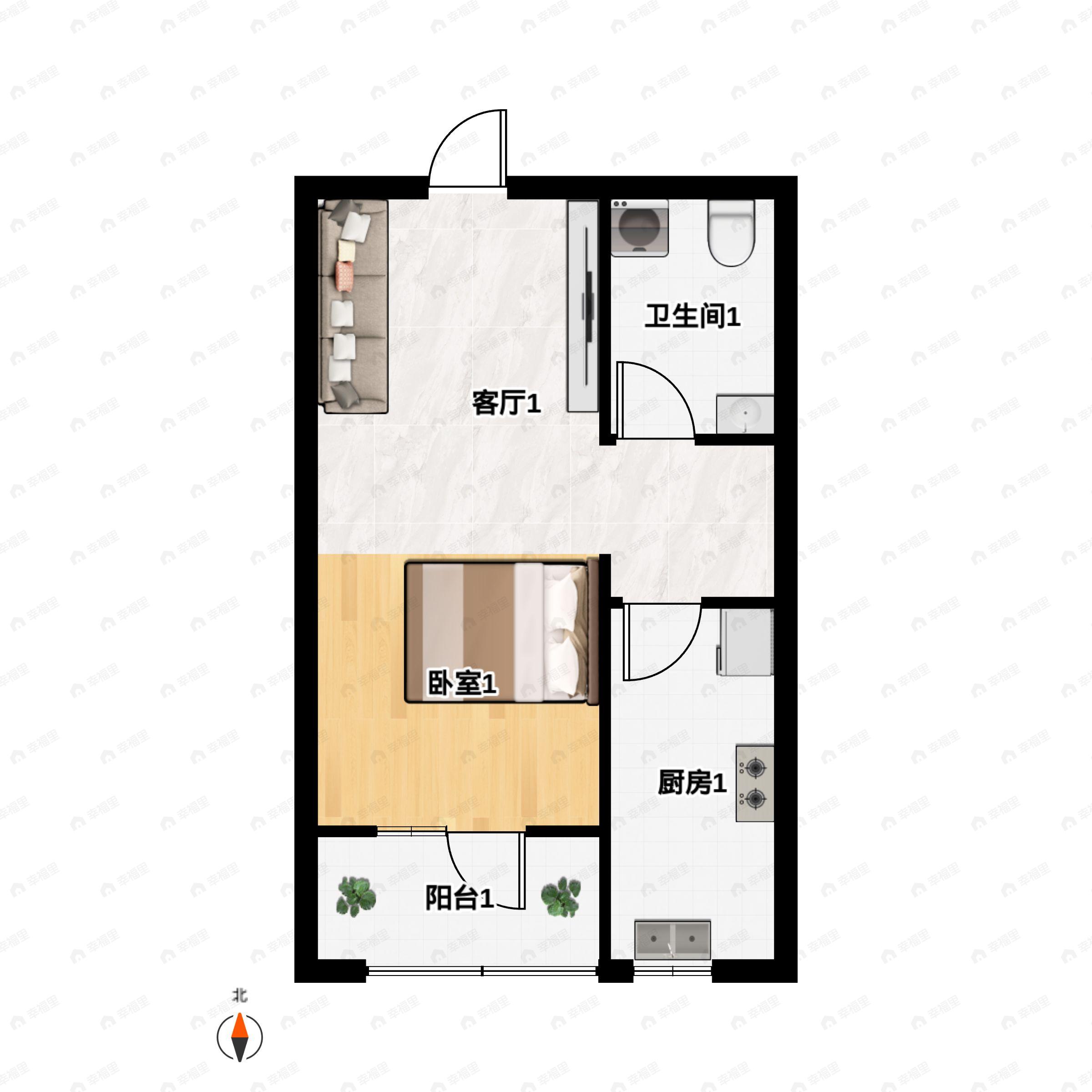 1室1厅1卫建面45m²南户型图