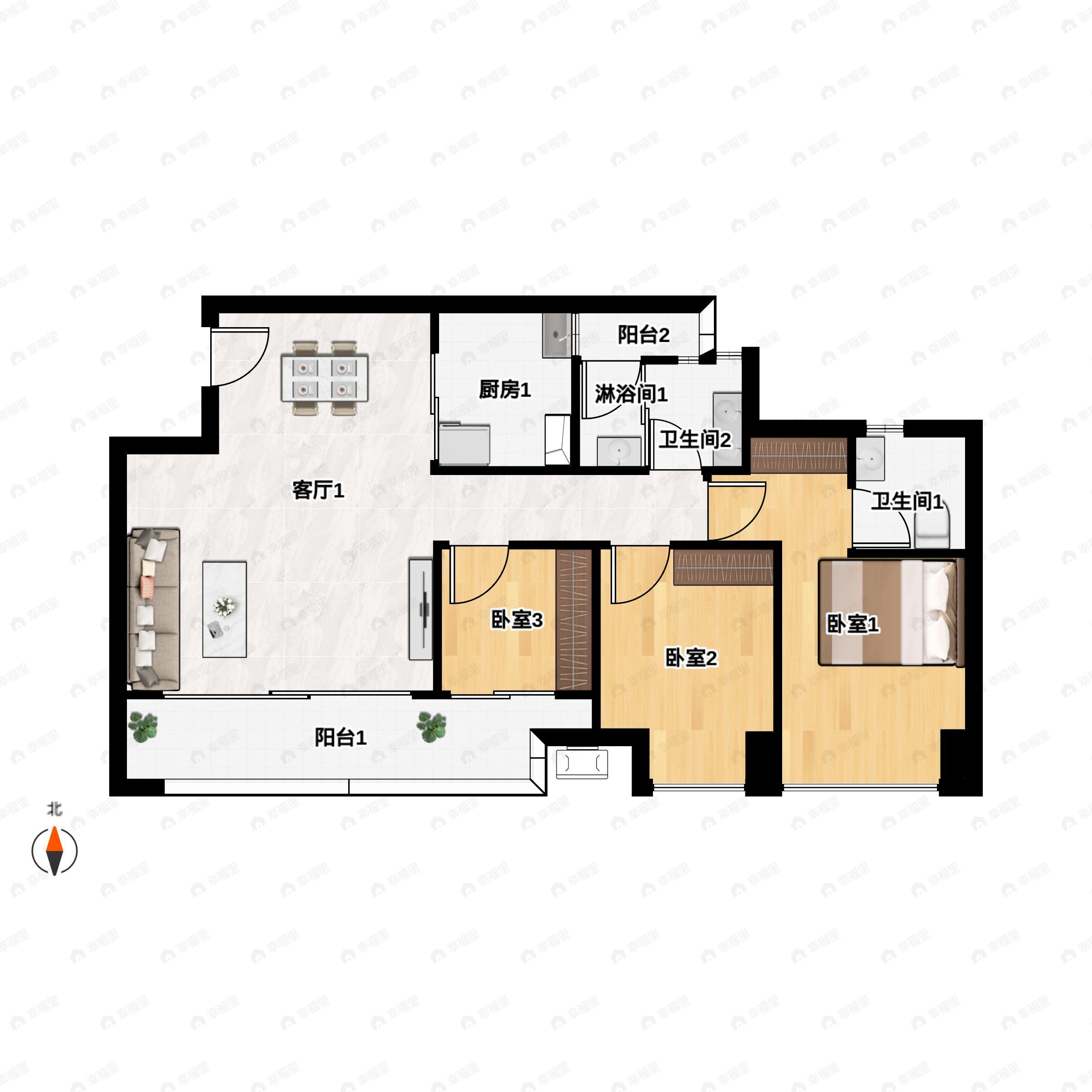 3室2厅2卫建面93m²北|西|东|南户型图