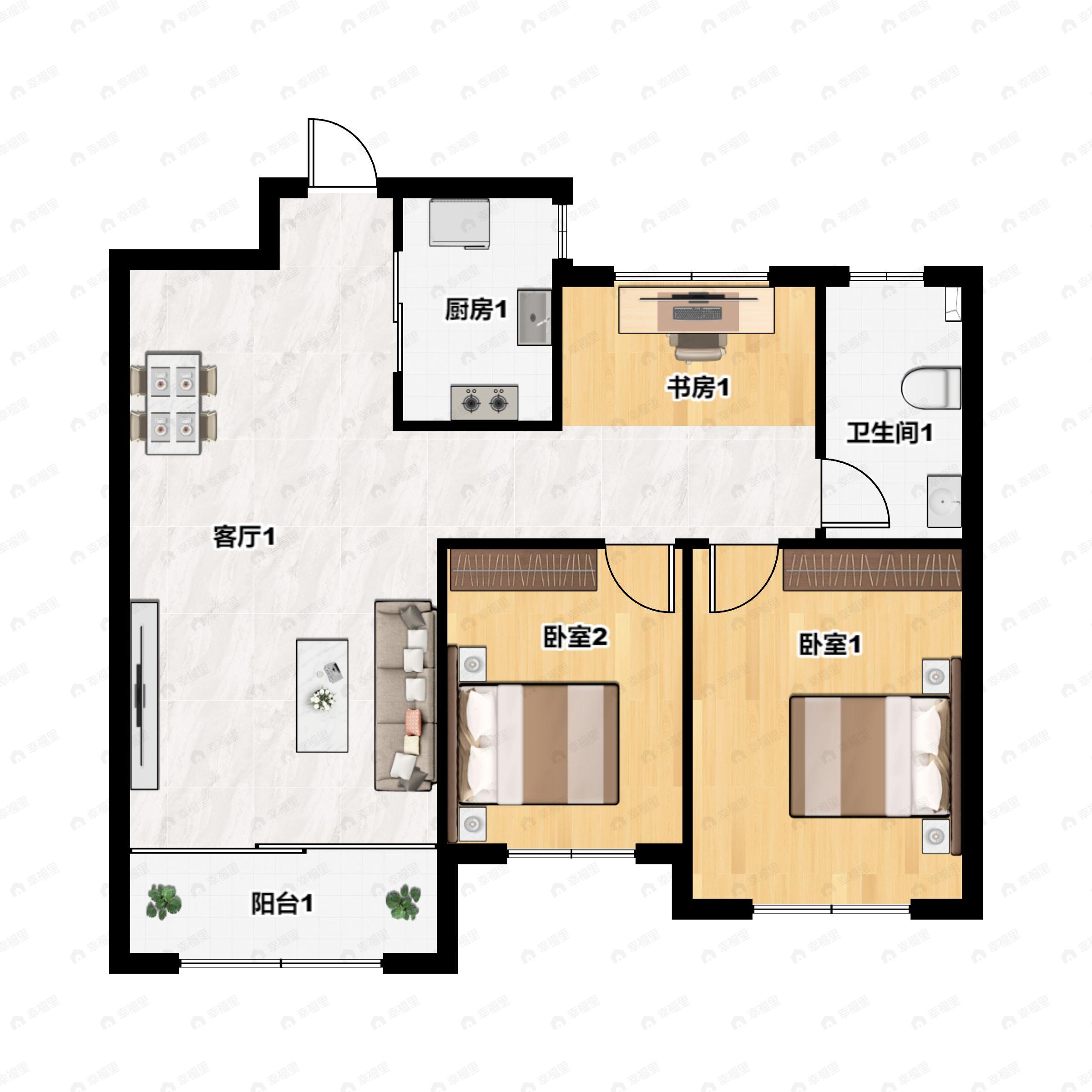3室2厅1卫建面96平南|北户型图