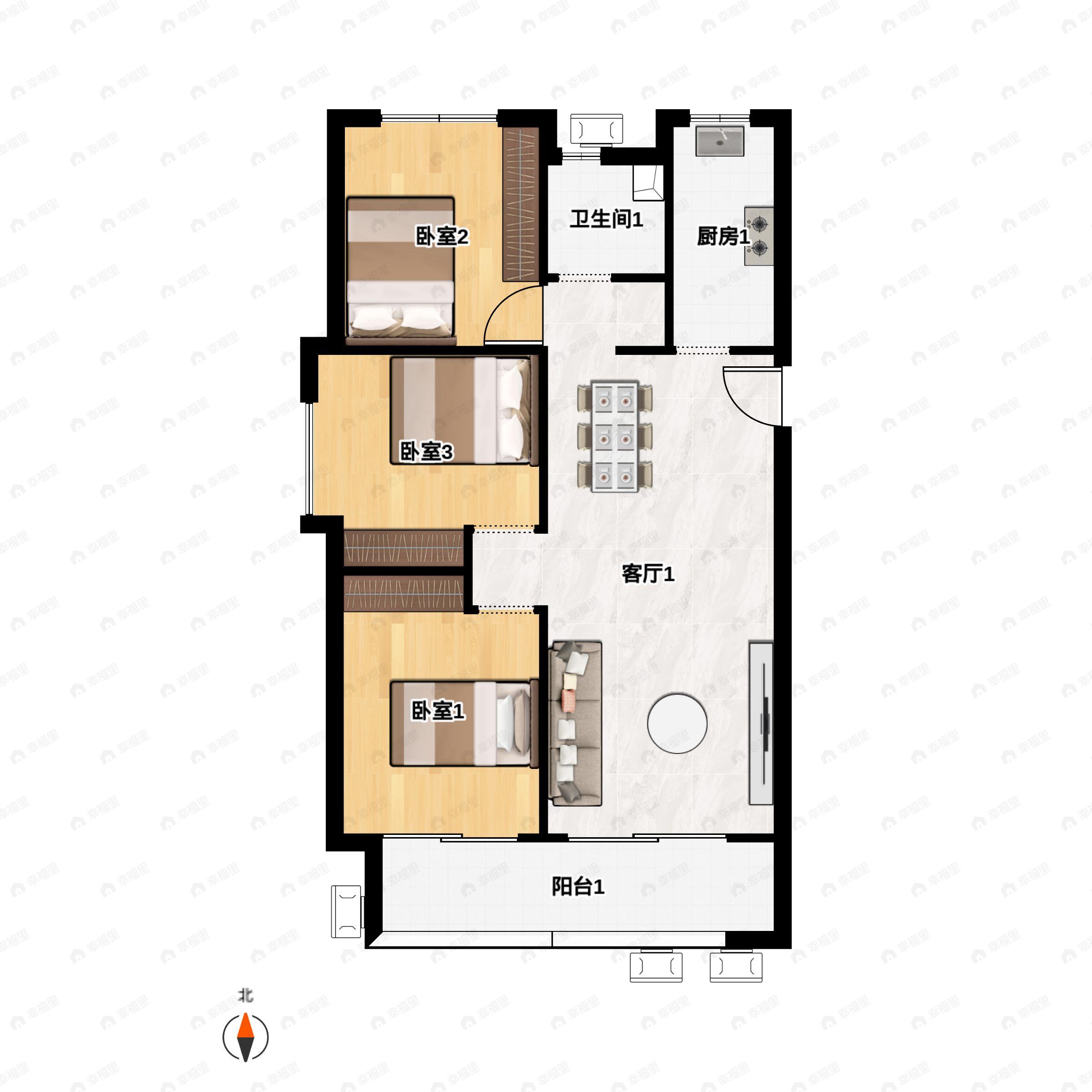 3室2厅1卫建面104m²南户型图