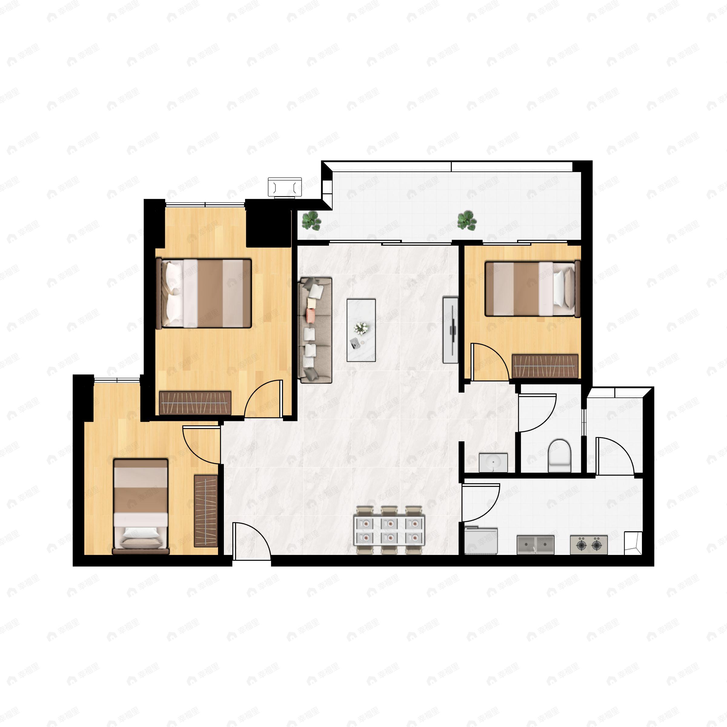 3室2厅1卫建面91m²东户型图