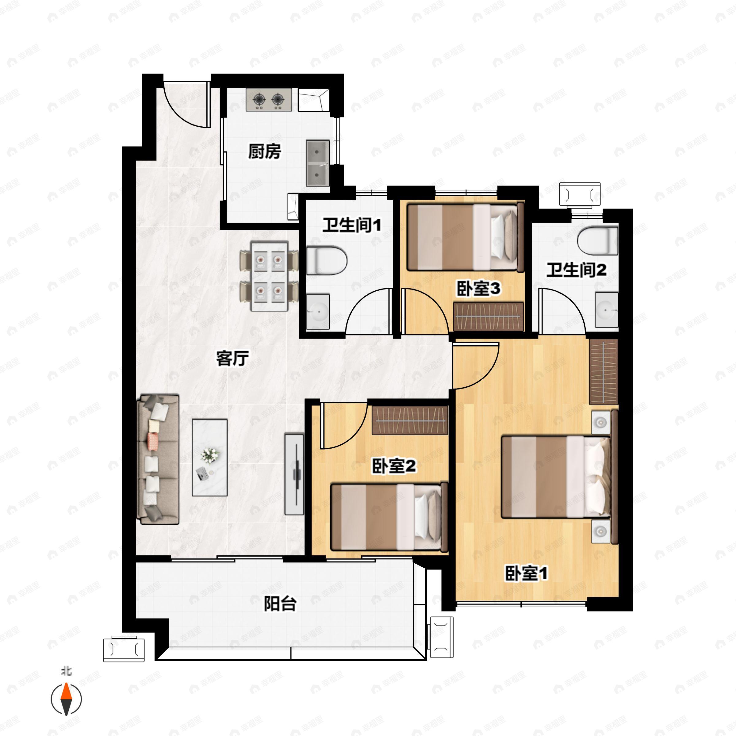 3室2厅2卫建面123平南户型图