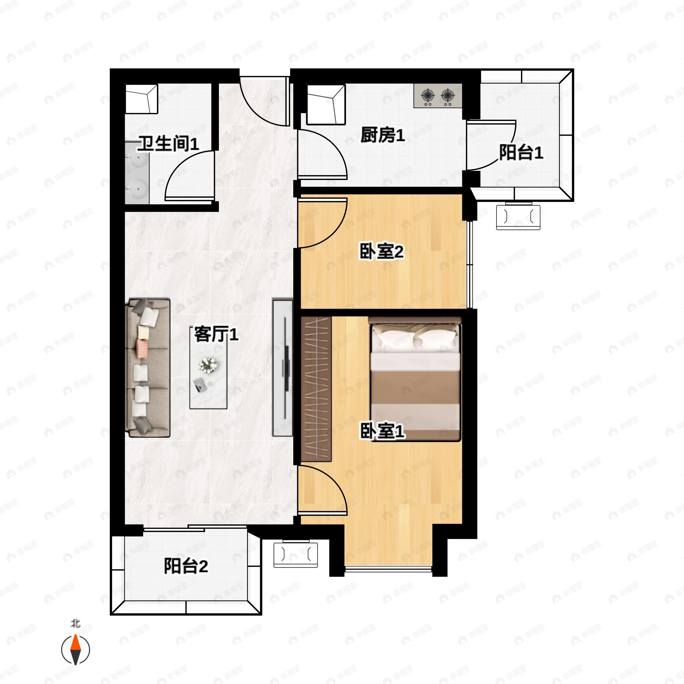 2室2厅1卫建面68平西南户型图