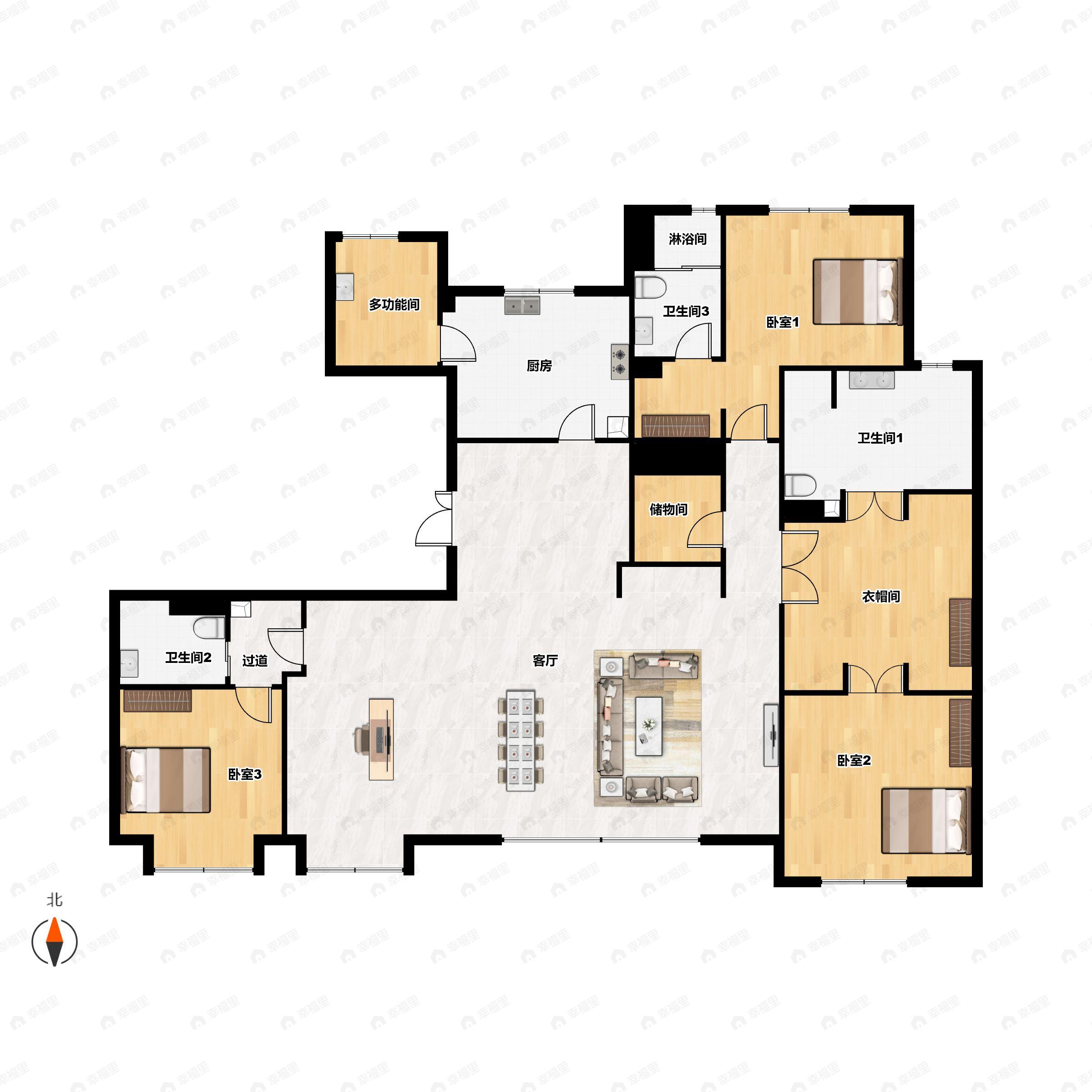 4室2厅3卫建面240m²南|北户型图