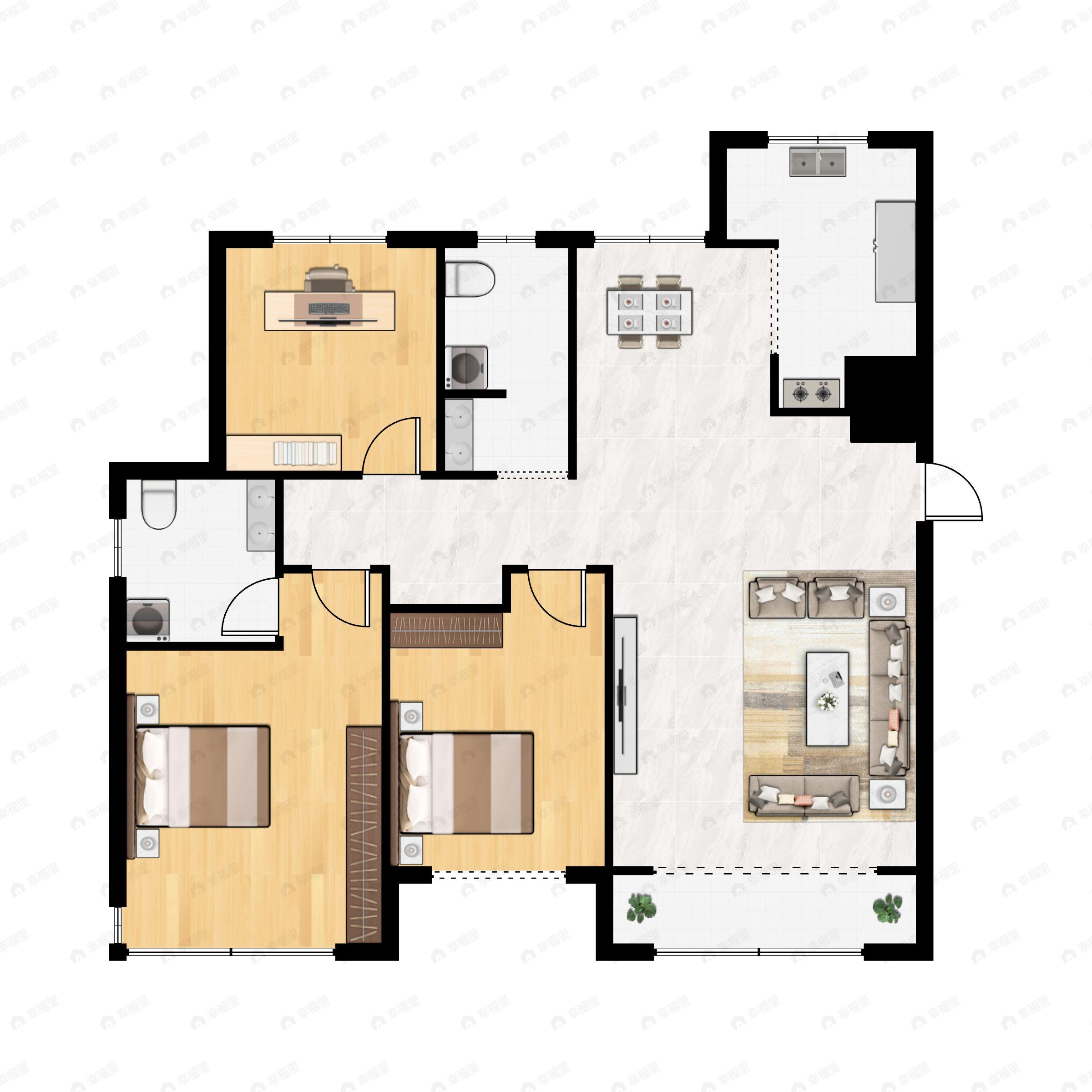 3室2厅2卫建面129m²南户型图