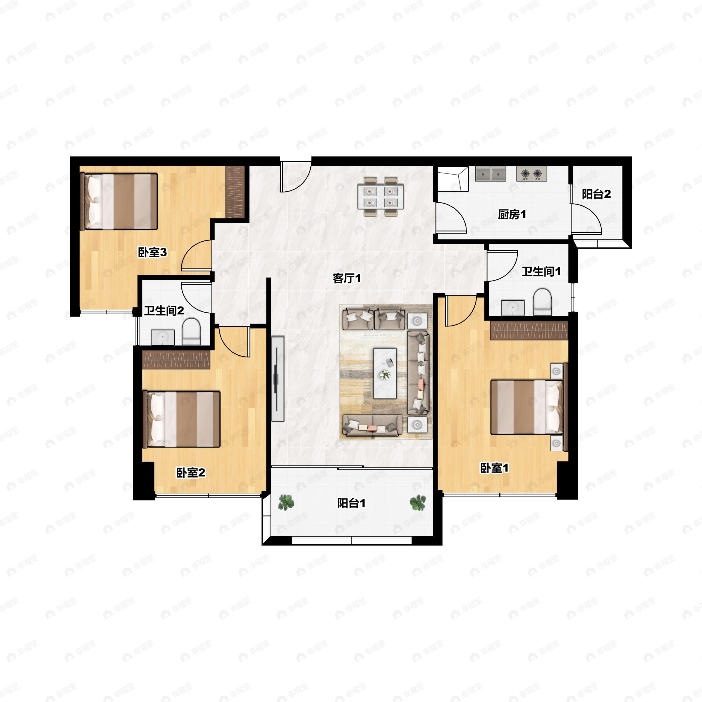 3室2厅2卫建面83平户型图