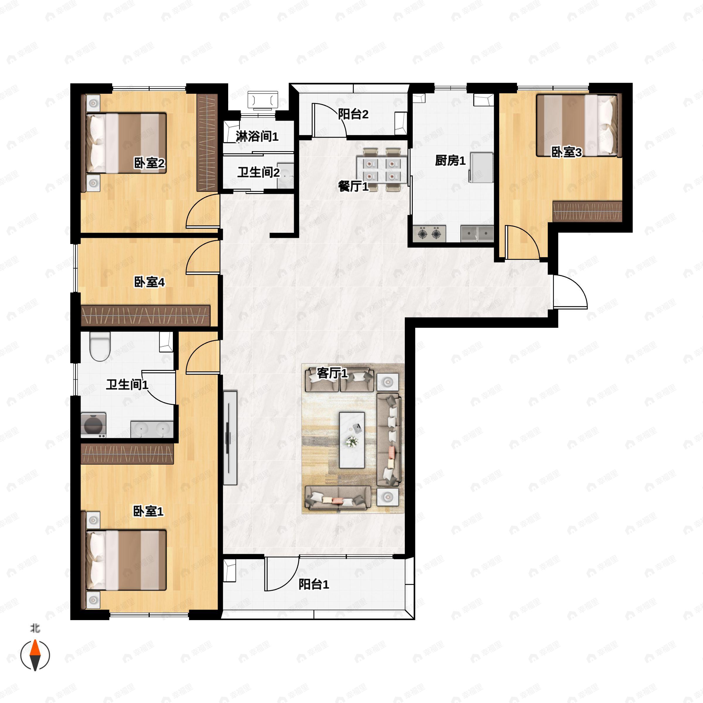 4室2厅2卫建面153平北|南户型图
