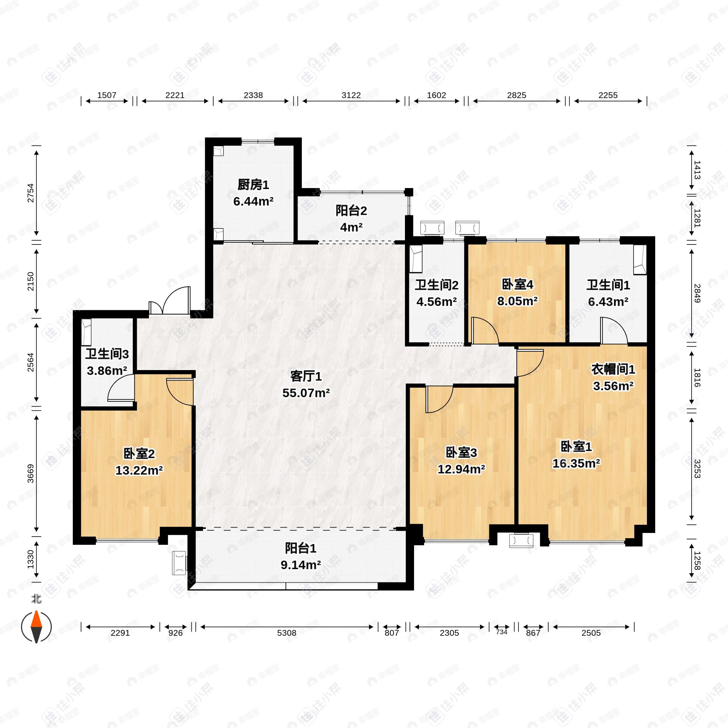 4室2厅3卫建面190平北|南户型图