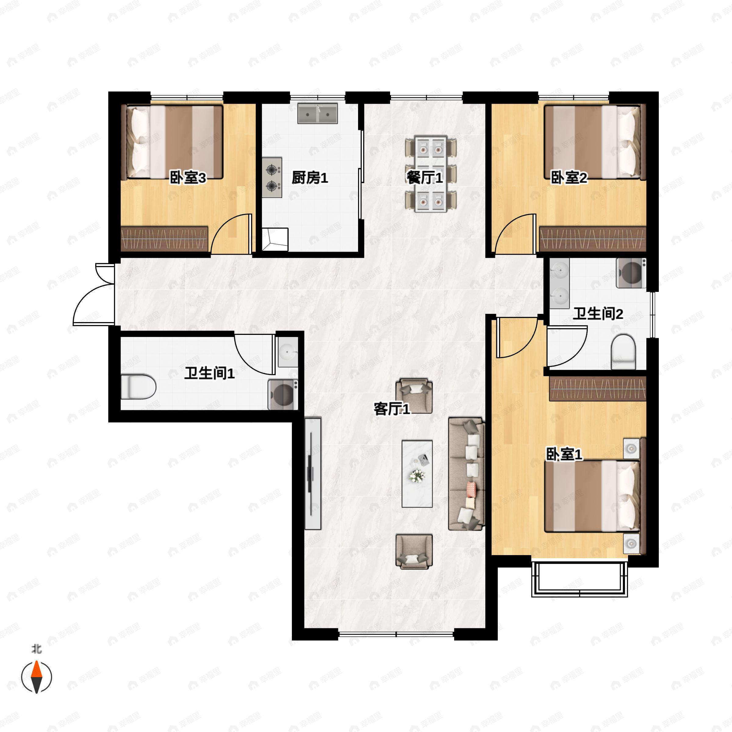 3室2厅2卫建面136平南|北户型图