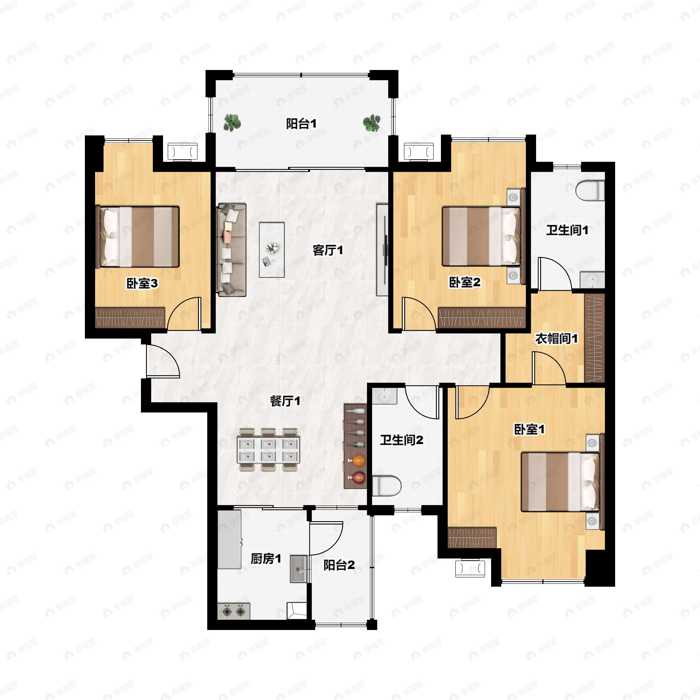 3室2厅2卫建面121平南户型图