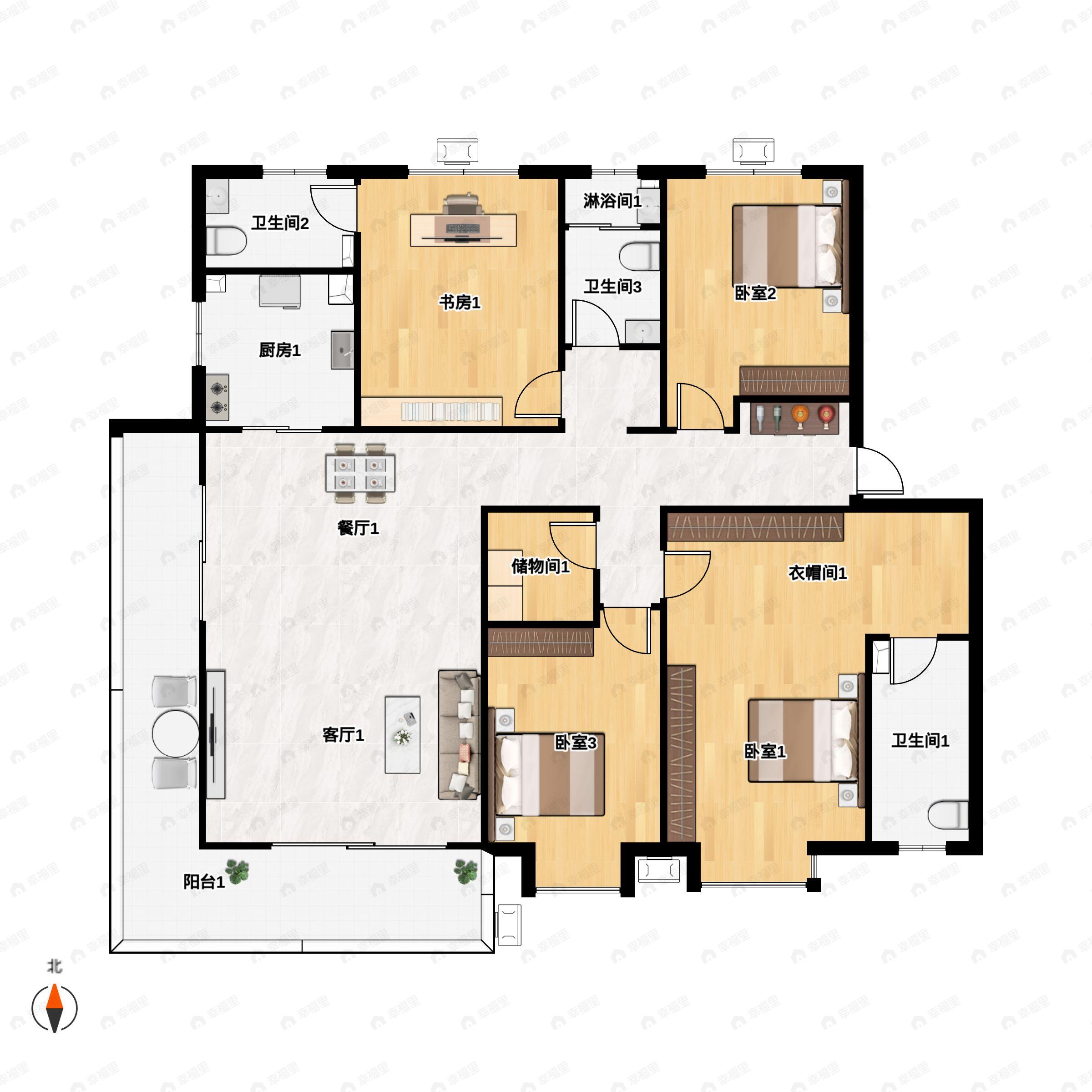 4室2厅3卫建面235平西南户型图