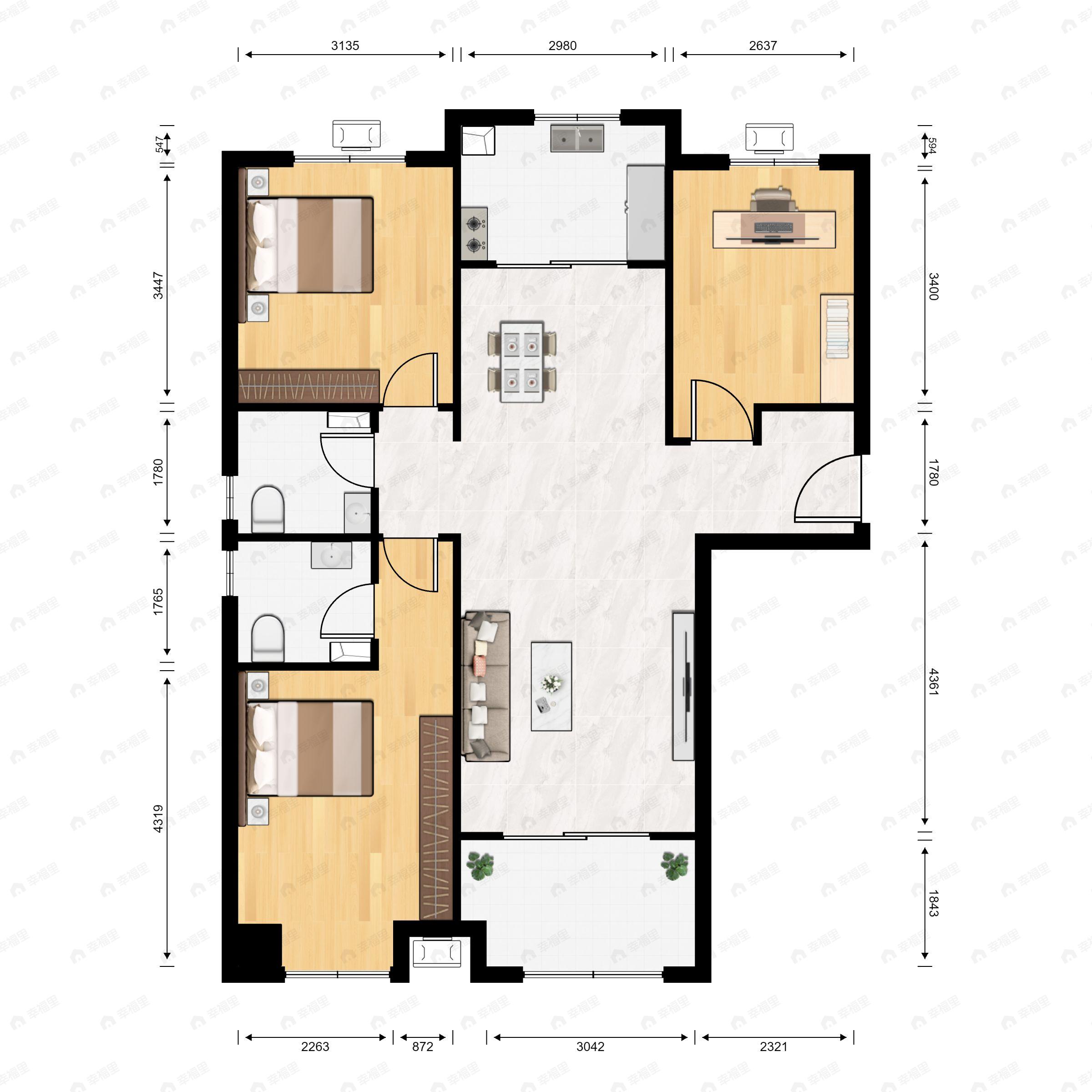 3室2厅2卫建面134m²南户型图