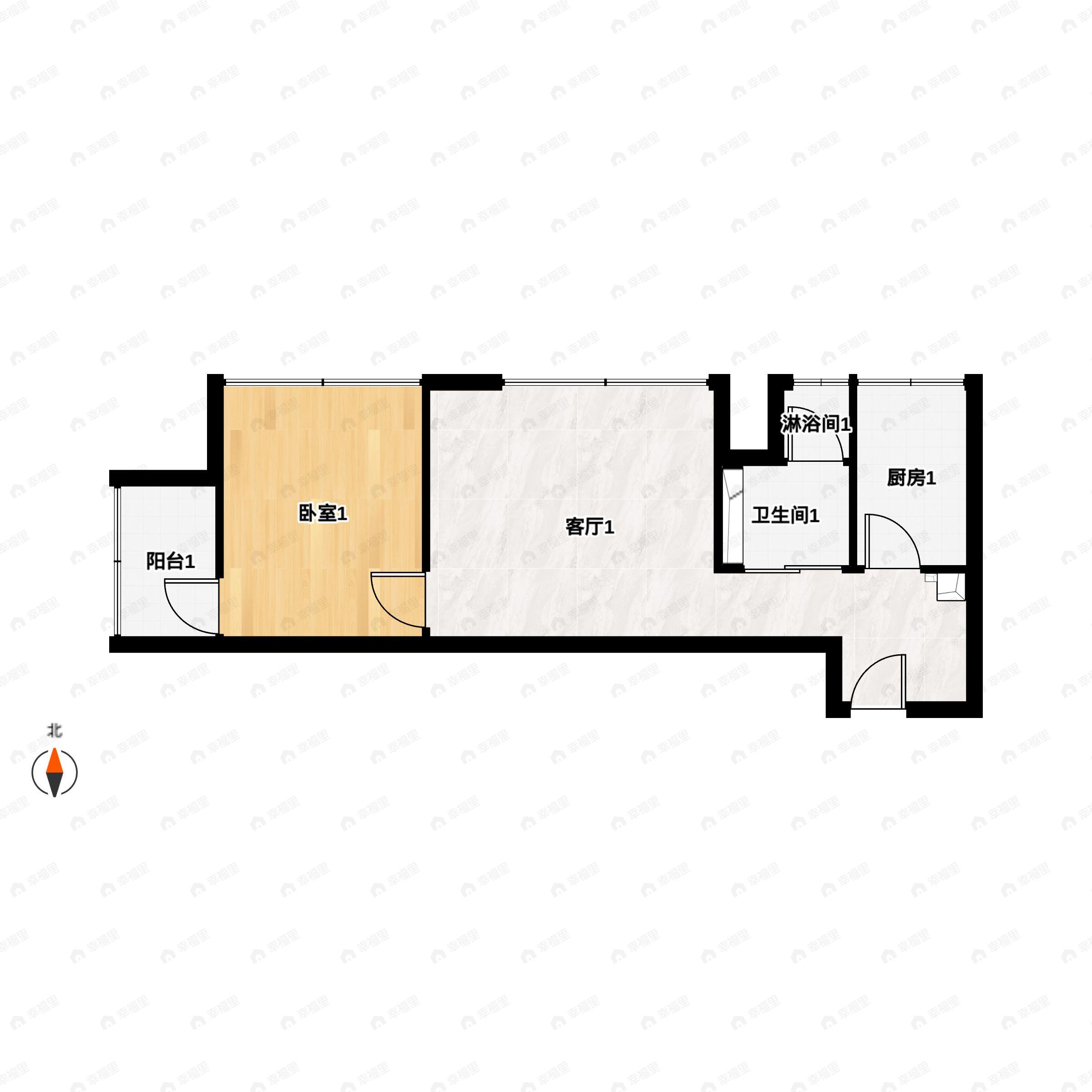 1室2厅1卫建面68平西北|东南户型图