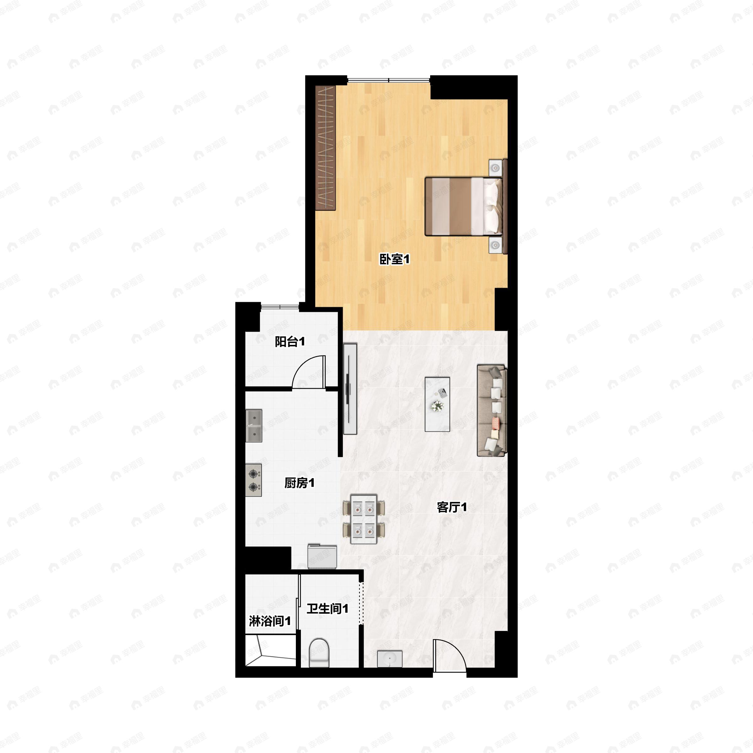 1室1厅1卫建面55m²西|东户型图